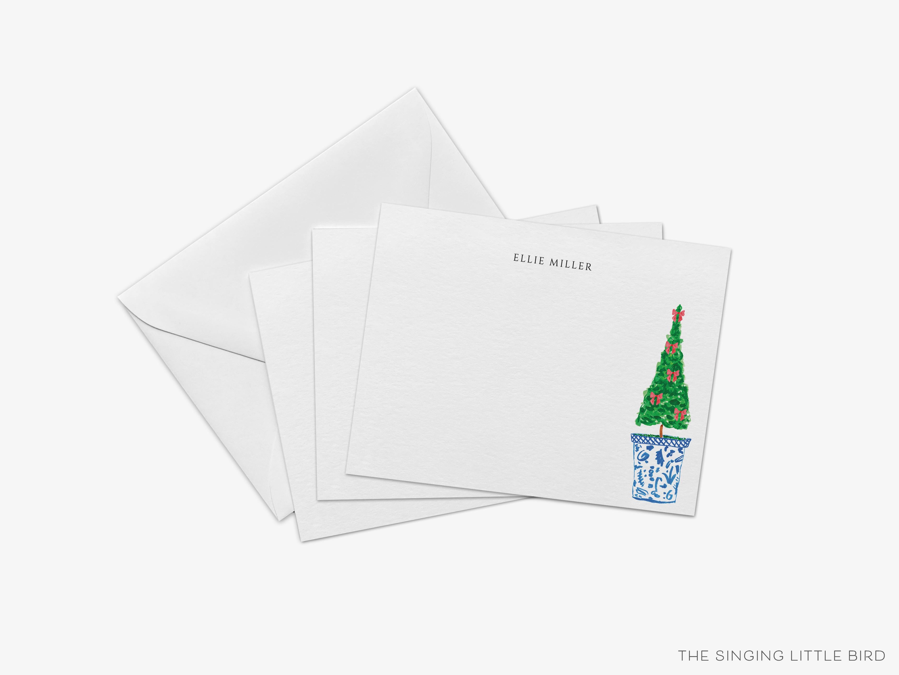 Personalized Christmas Topiary Flat Notes-These personalized flat notecards are 4.25x5.5 and feature our hand-painted watercolor topiary in a ginger Jar, printed in the USA on 120lb textured stock. They come with your choice of envelopes and make great thank yous and gifts for the Christmas and chinoiserie lover in your life.-The Singing Little Bird