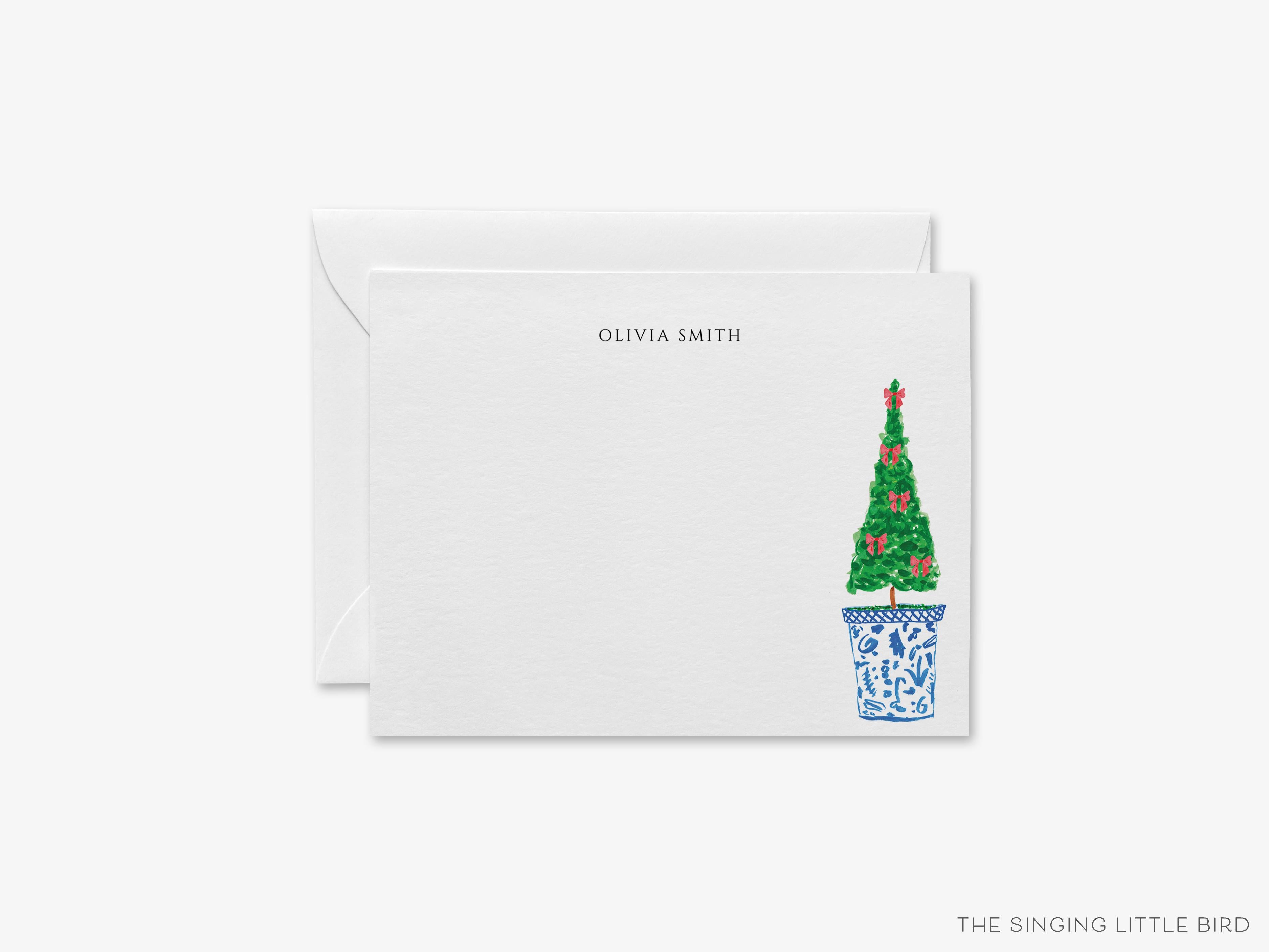 Personalized Christmas Topiary Flat Notes-These personalized flat notecards are 4.25x5.5 and feature our hand-painted watercolor topiary in a ginger Jar, printed in the USA on 120lb textured stock. They come with your choice of envelopes and make great thank yous and gifts for the Christmas and chinoiserie lover in your life.-The Singing Little Bird