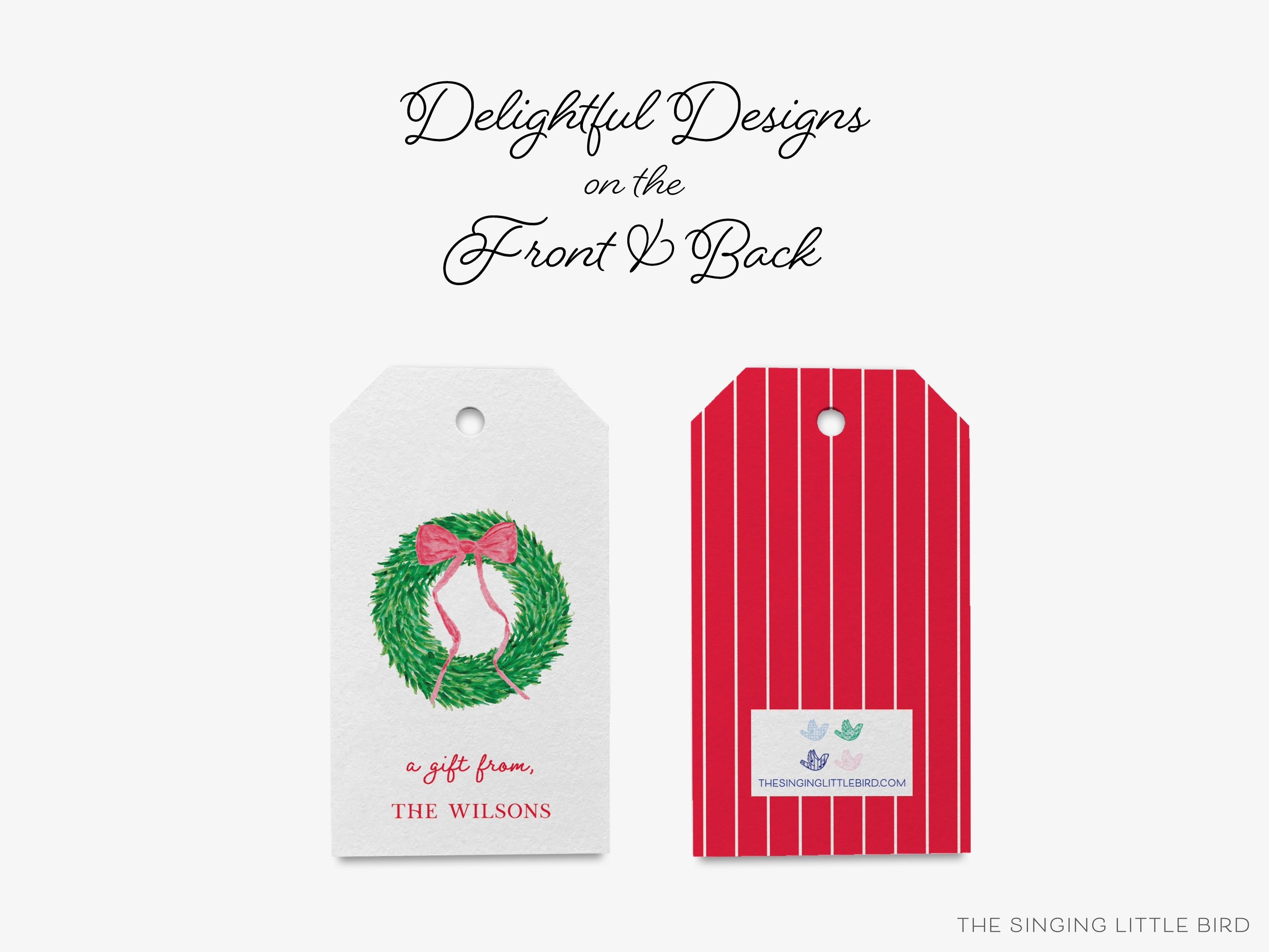 Personalized Christmas Wreath Gift Tags-These gift tags come in sets, hole-punched with white twine and feature our hand-painted watercolor wreath with a red bow, printed in the USA on 120lb textured stock. They make great tags for gifting or gifts for the holiday lover in your life.-The Singing Little Bird