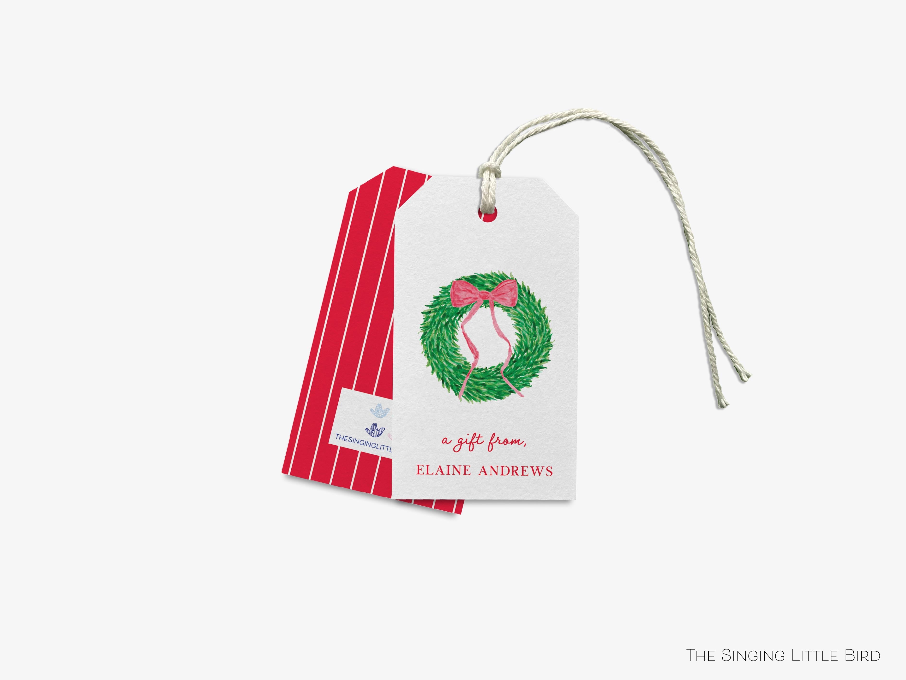 Personalized Christmas Wreath Gift Tags-These gift tags come in sets, hole-punched with white twine and feature our hand-painted watercolor wreath with a red bow, printed in the USA on 120lb textured stock. They make great tags for gifting or gifts for the holiday lover in your life.-The Singing Little Bird