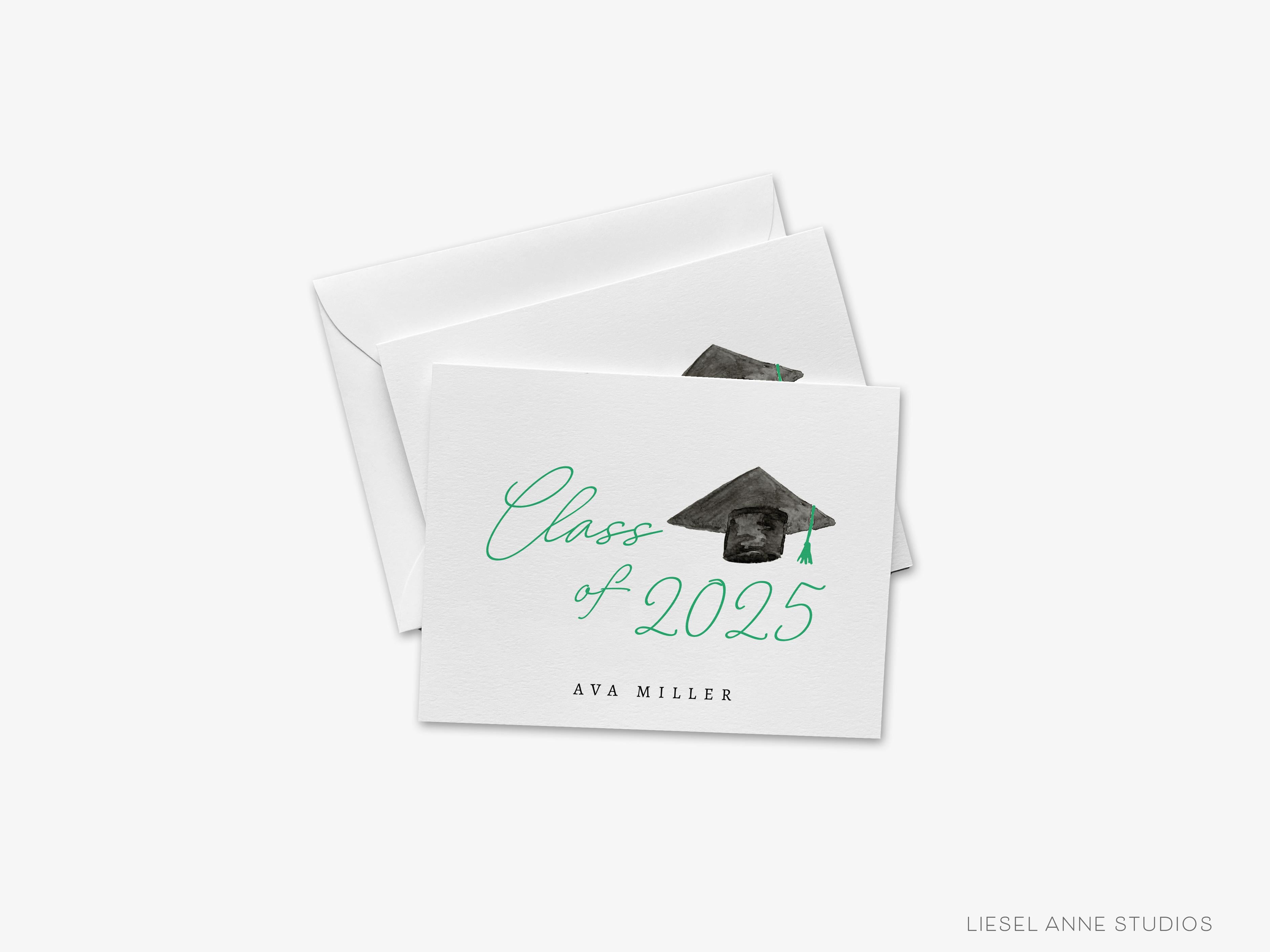 Personalized Class of Graduation Greeting Cards-These folded greeting cards are 4.25x5.5 and feature our hand-painted graduation cap, printed in the USA on 100lb textured stock. They come with a White or Kraft envelope and make a great thank you card for the graduate in your life.-The Singing Little Bird