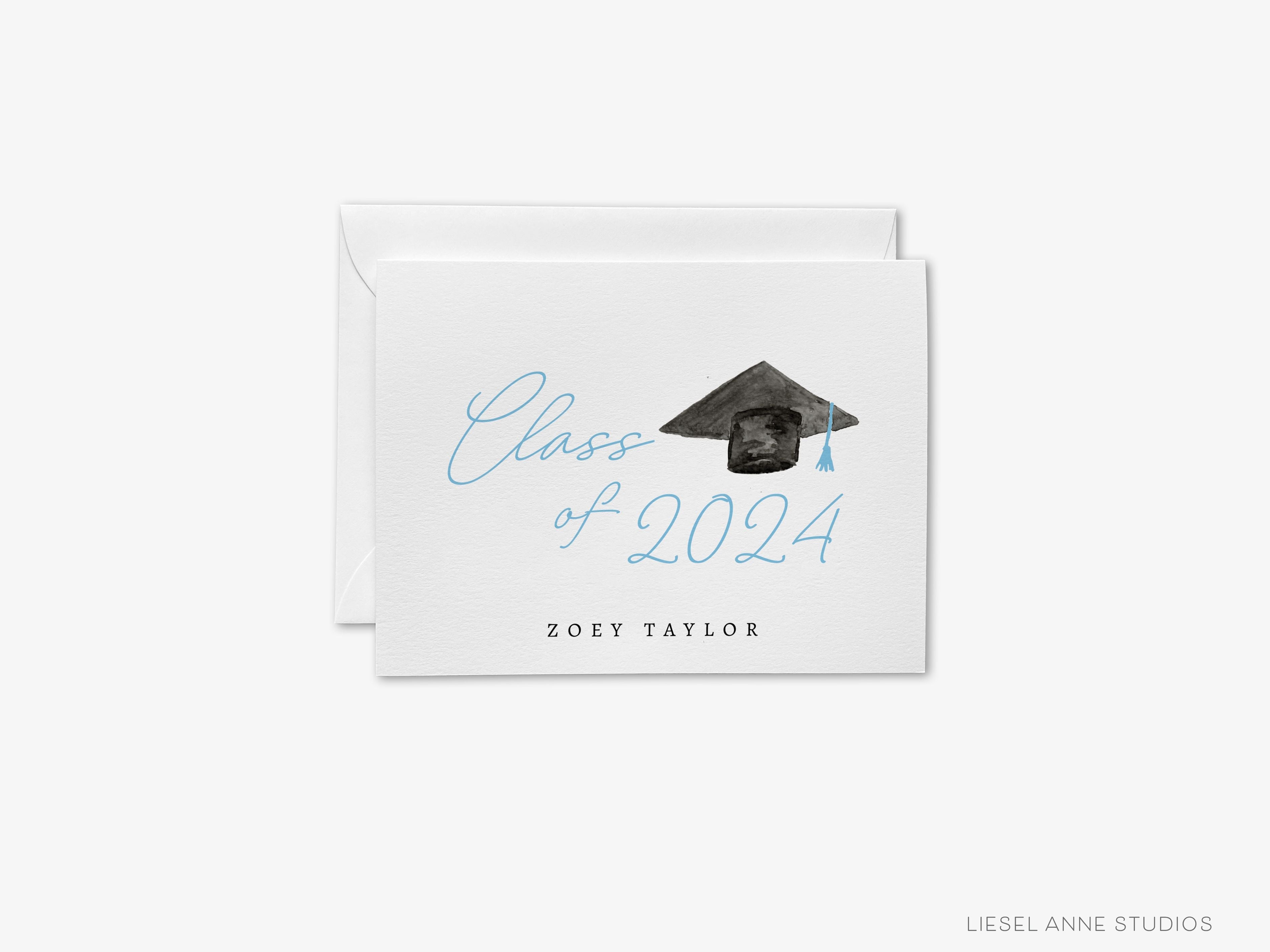 Personalized Class of Graduation Greeting Cards-These folded greeting cards are 4.25x5.5 and feature our hand-painted graduation cap, printed in the USA on 100lb textured stock. They come with a White or Kraft envelope and make a great thank you card for the graduate in your life.-The Singing Little Bird