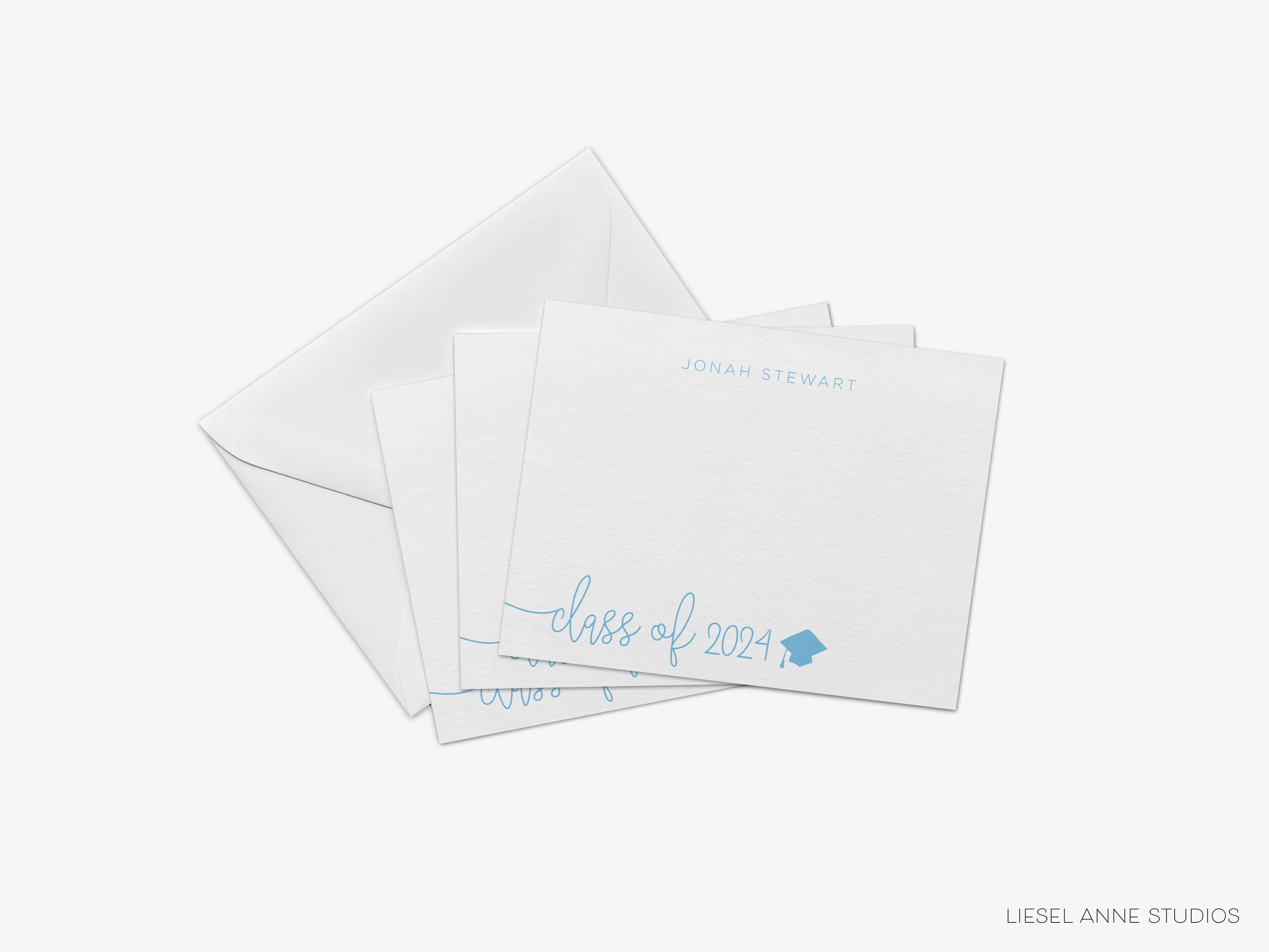 Personalized Class of Script Graduation Flat Notes-These personalized flat graduation announcements are 4.25x5.5 and feature our hand-painted watercolor graduation cap, printed in the USA on 120lb textured stock. They come with your choice of envelopes and make great gifts or thank you cards for the graduate in your life.-The Singing Little Bird