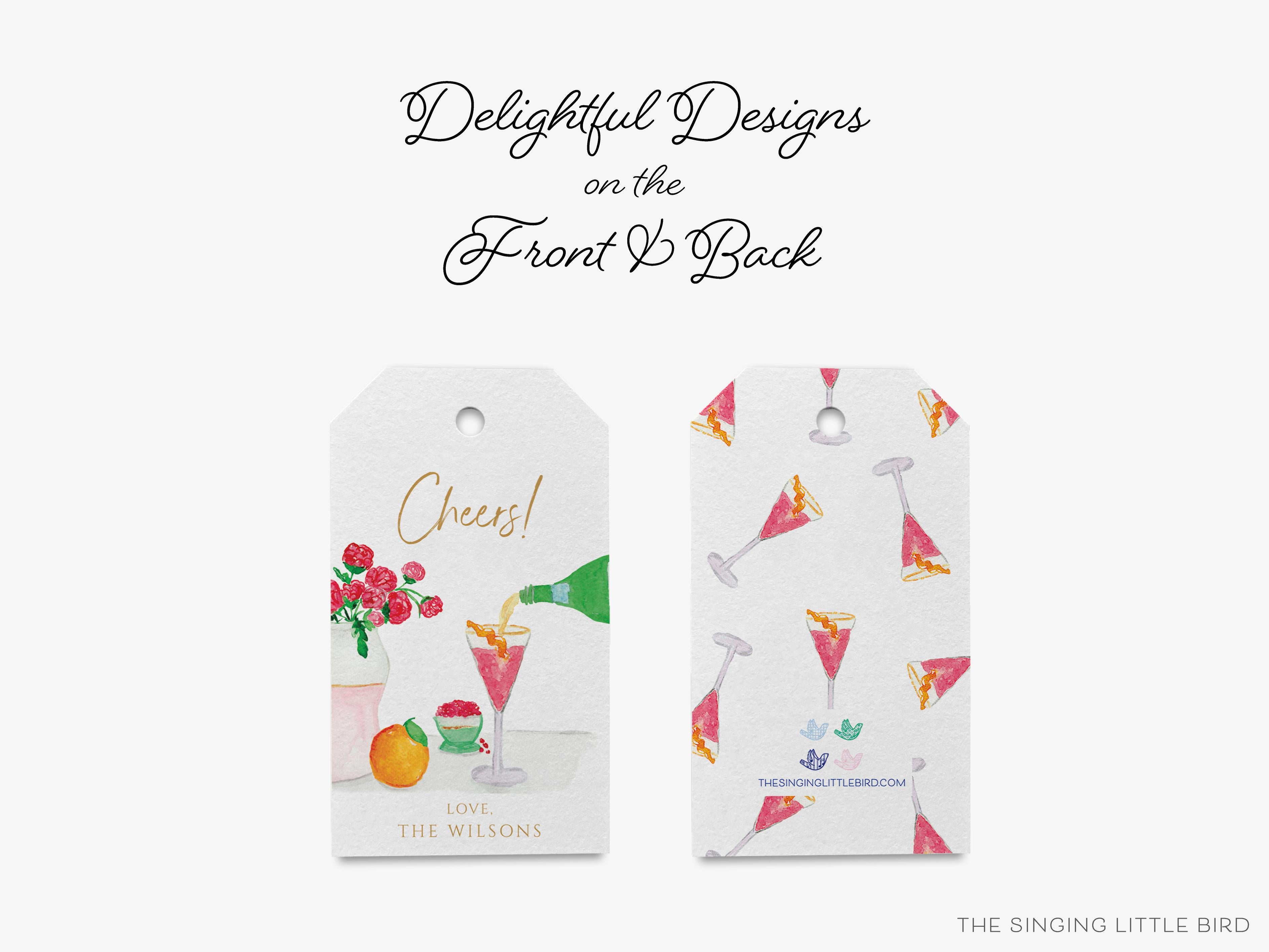 Personalized Cocktail Scene Cheers Gift Tags-These gift tags come in sets, hole-punched with white twine and feature our hand-painted watercolor flowers, fruit and cocktail glass, printed in the USA on 120lb textured stock. They make great tags for gifting or gifts for the cocktail lover in your life.-The Singing Little Bird