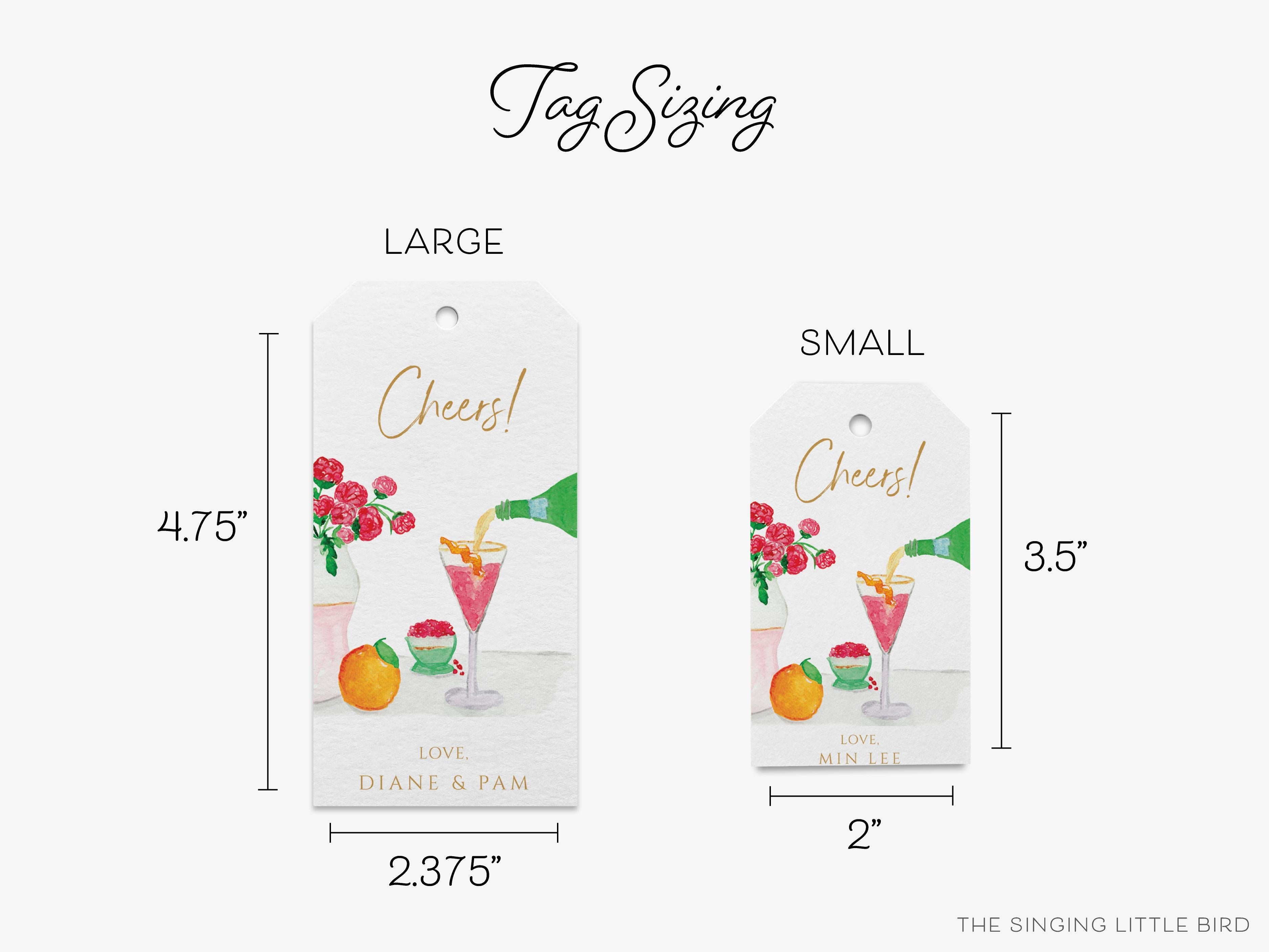 Personalized Cocktail Scene Cheers Gift Tags-These gift tags come in sets, hole-punched with white twine and feature our hand-painted watercolor flowers, fruit and cocktail glass, printed in the USA on 120lb textured stock. They make great tags for gifting or gifts for the cocktail lover in your life.-The Singing Little Bird