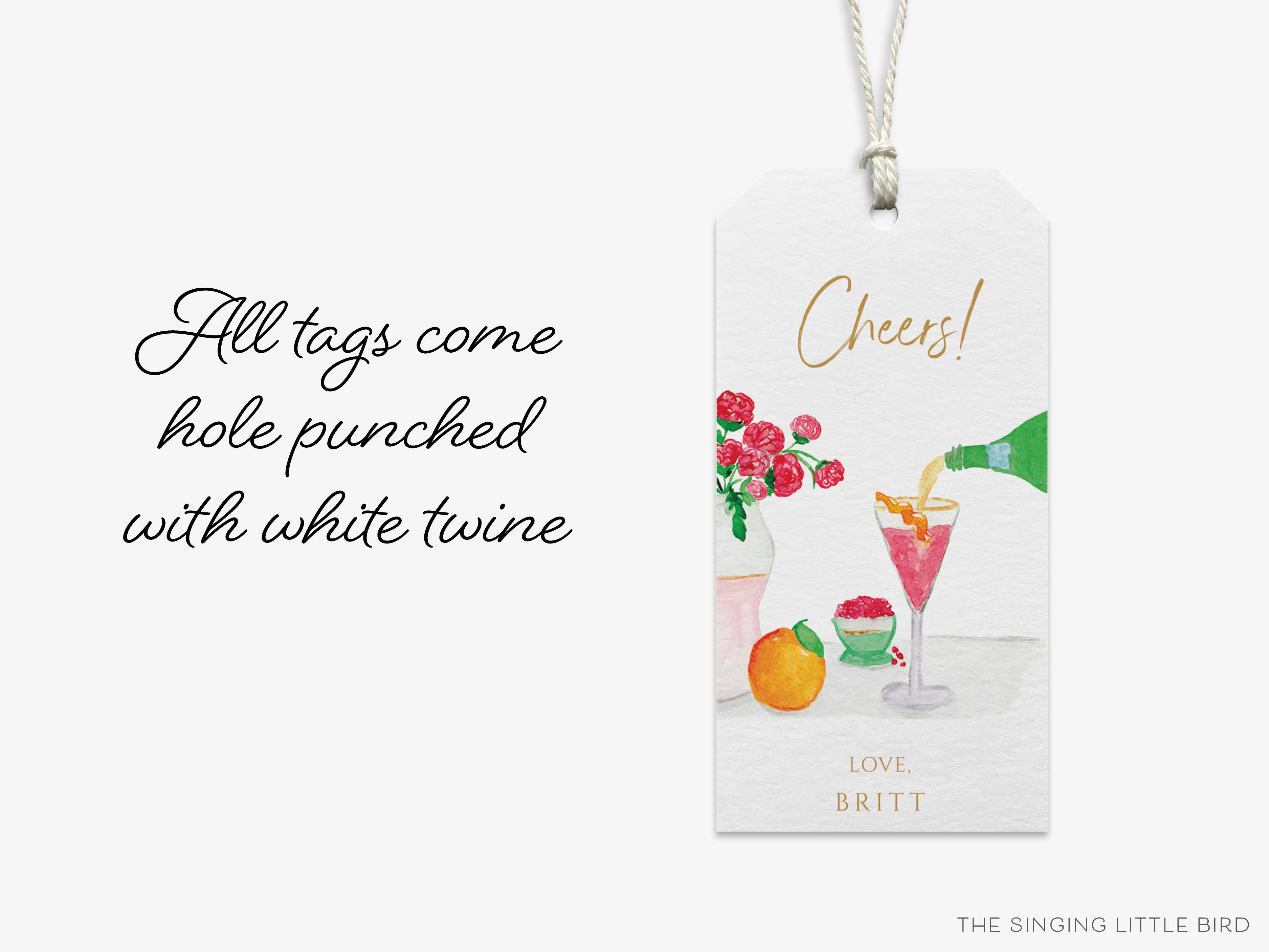 Personalized Cocktail Scene Cheers Gift Tags-These gift tags come in sets, hole-punched with white twine and feature our hand-painted watercolor flowers, fruit and cocktail glass, printed in the USA on 120lb textured stock. They make great tags for gifting or gifts for the cocktail lover in your life.-The Singing Little Bird