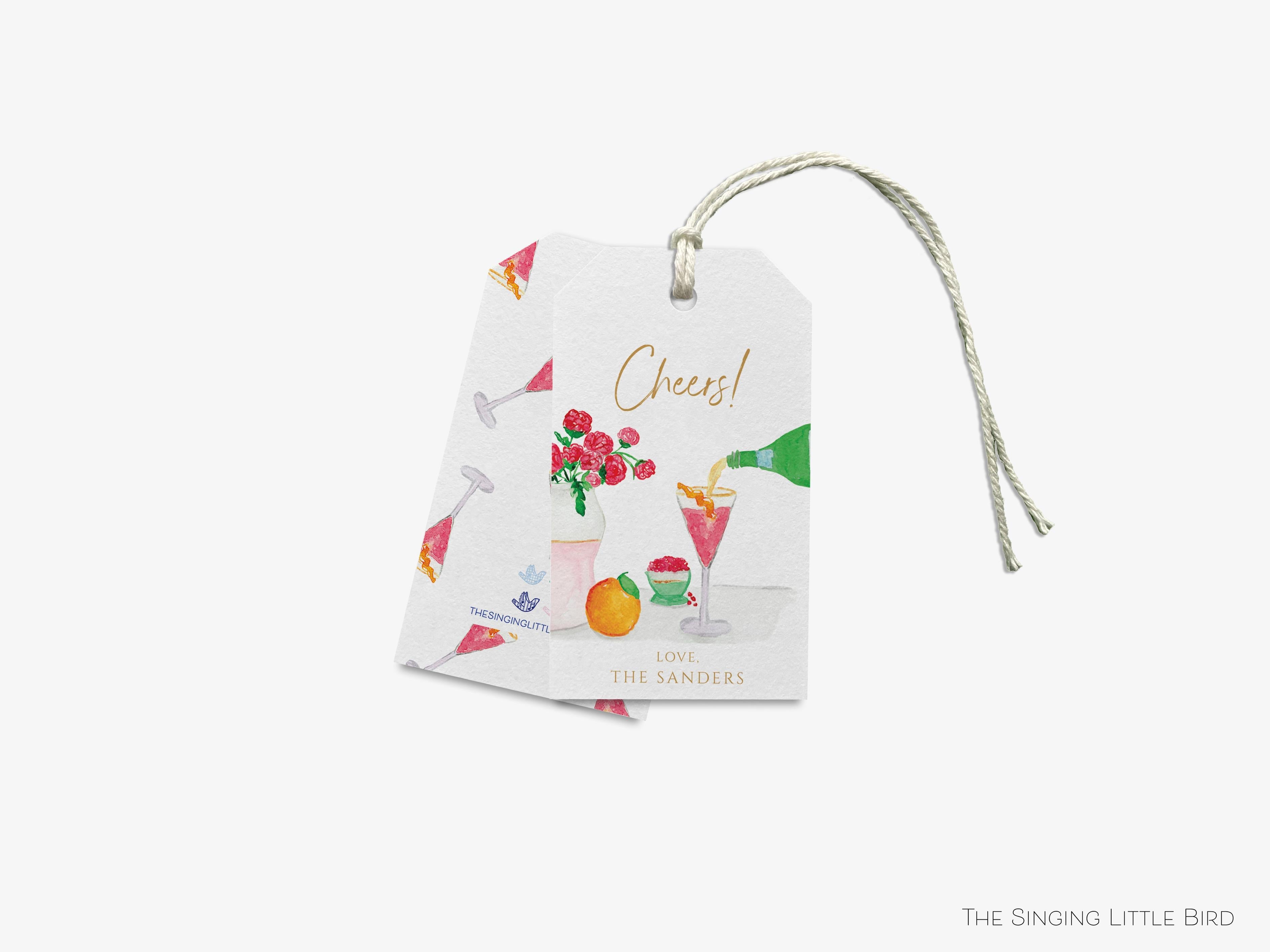 Personalized Cocktail Scene Cheers Gift Tags-These gift tags come in sets, hole-punched with white twine and feature our hand-painted watercolor flowers, fruit and cocktail glass, printed in the USA on 120lb textured stock. They make great tags for gifting or gifts for the cocktail lover in your life.-The Singing Little Bird