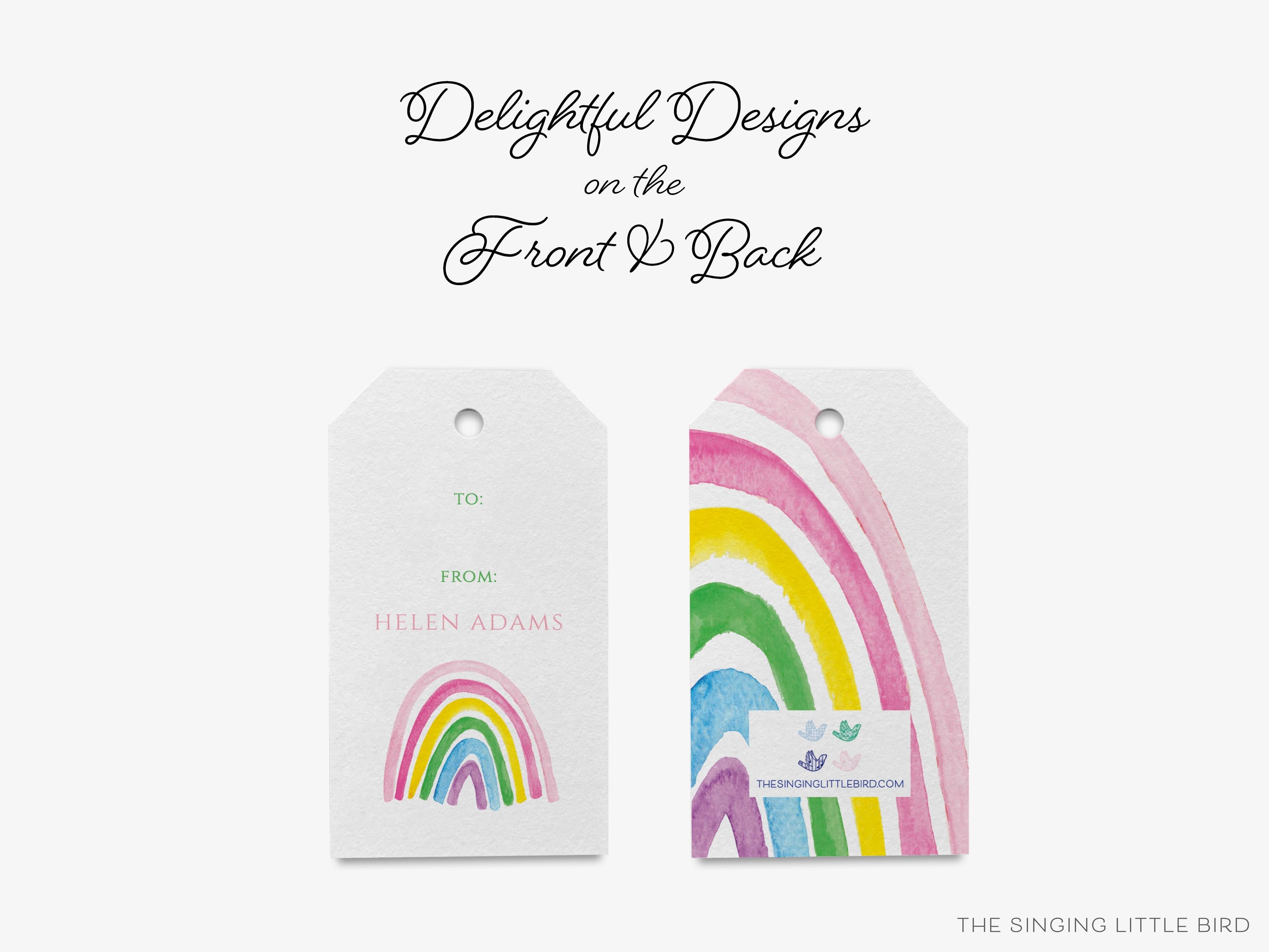 Personalized Colorful Pink Rainbow Gift Tags-These gift tags come in sets, hole-punched with white twine and feature our hand-painted watercolor pink rainbows, printed in the USA on 120lb textured stock. They make great tags for gifting or gifts for the cheerful loved one in your life.-The Singing Little Bird