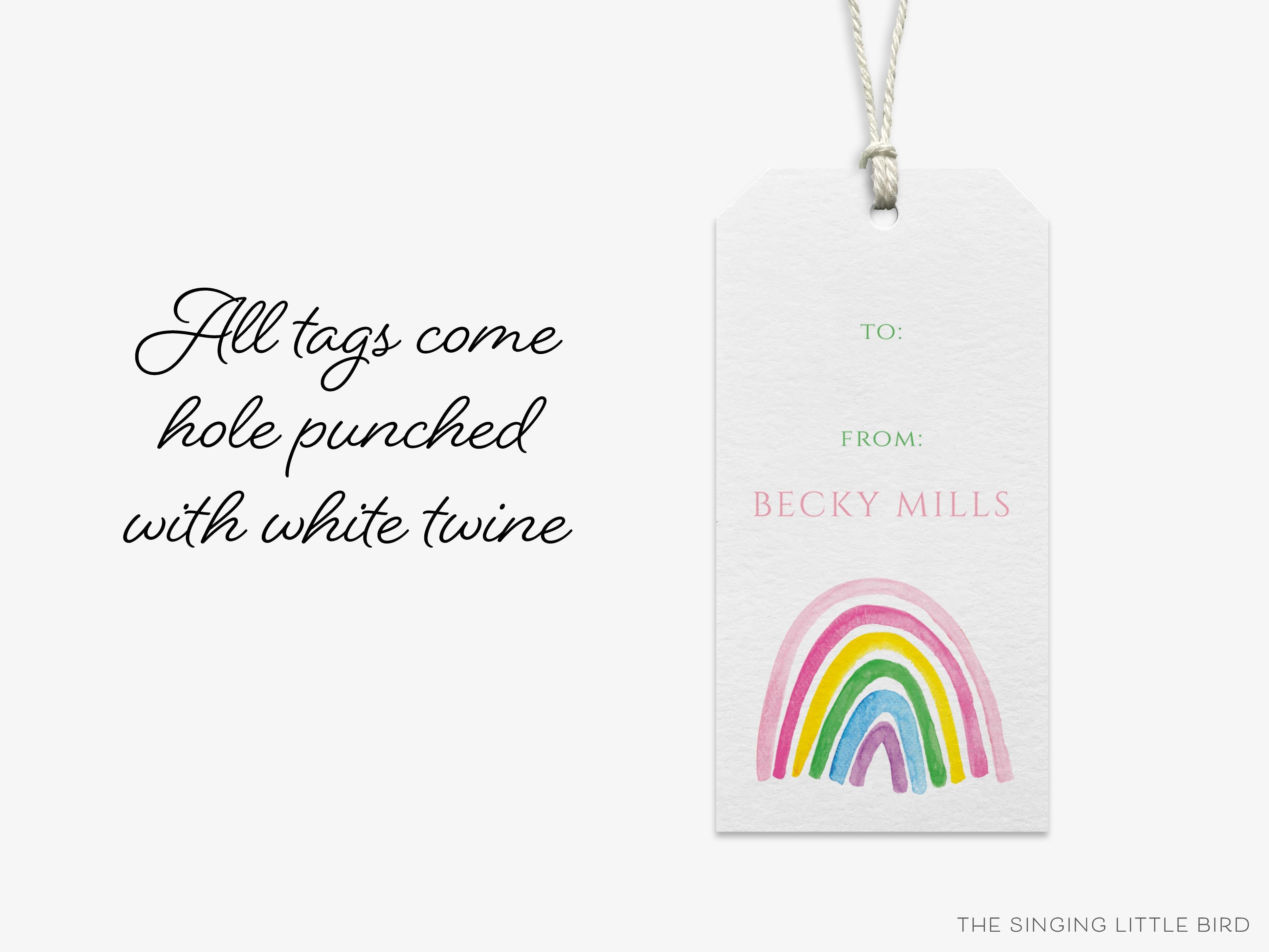 Personalized Colorful Pink Rainbow Gift Tags-These gift tags come in sets, hole-punched with white twine and feature our hand-painted watercolor pink rainbows, printed in the USA on 120lb textured stock. They make great tags for gifting or gifts for the cheerful loved one in your life.-The Singing Little Bird