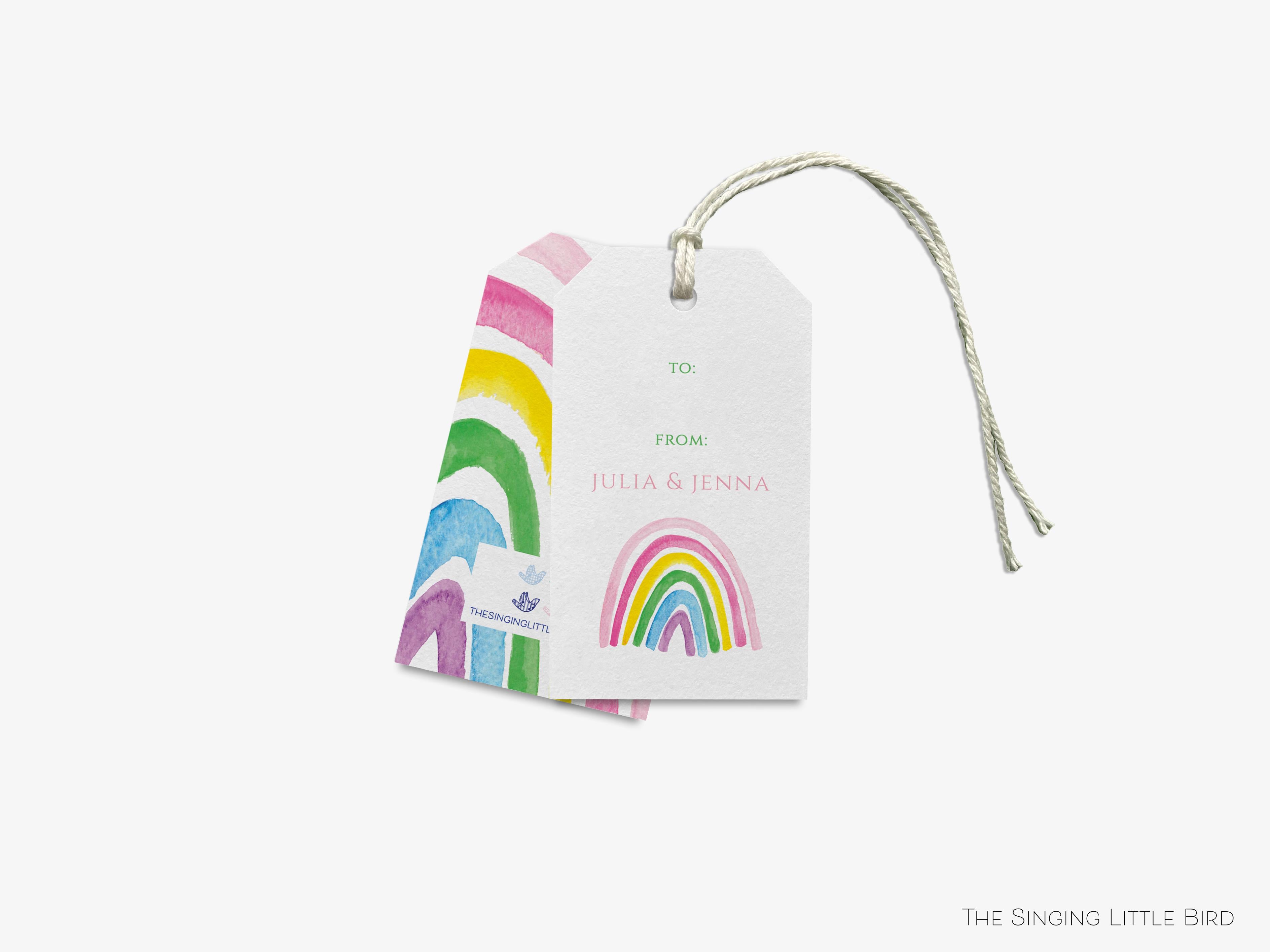 Personalized Colorful Pink Rainbow Gift Tags-These gift tags come in sets, hole-punched with white twine and feature our hand-painted watercolor pink rainbows, printed in the USA on 120lb textured stock. They make great tags for gifting or gifts for the cheerful loved one in your life.-The Singing Little Bird