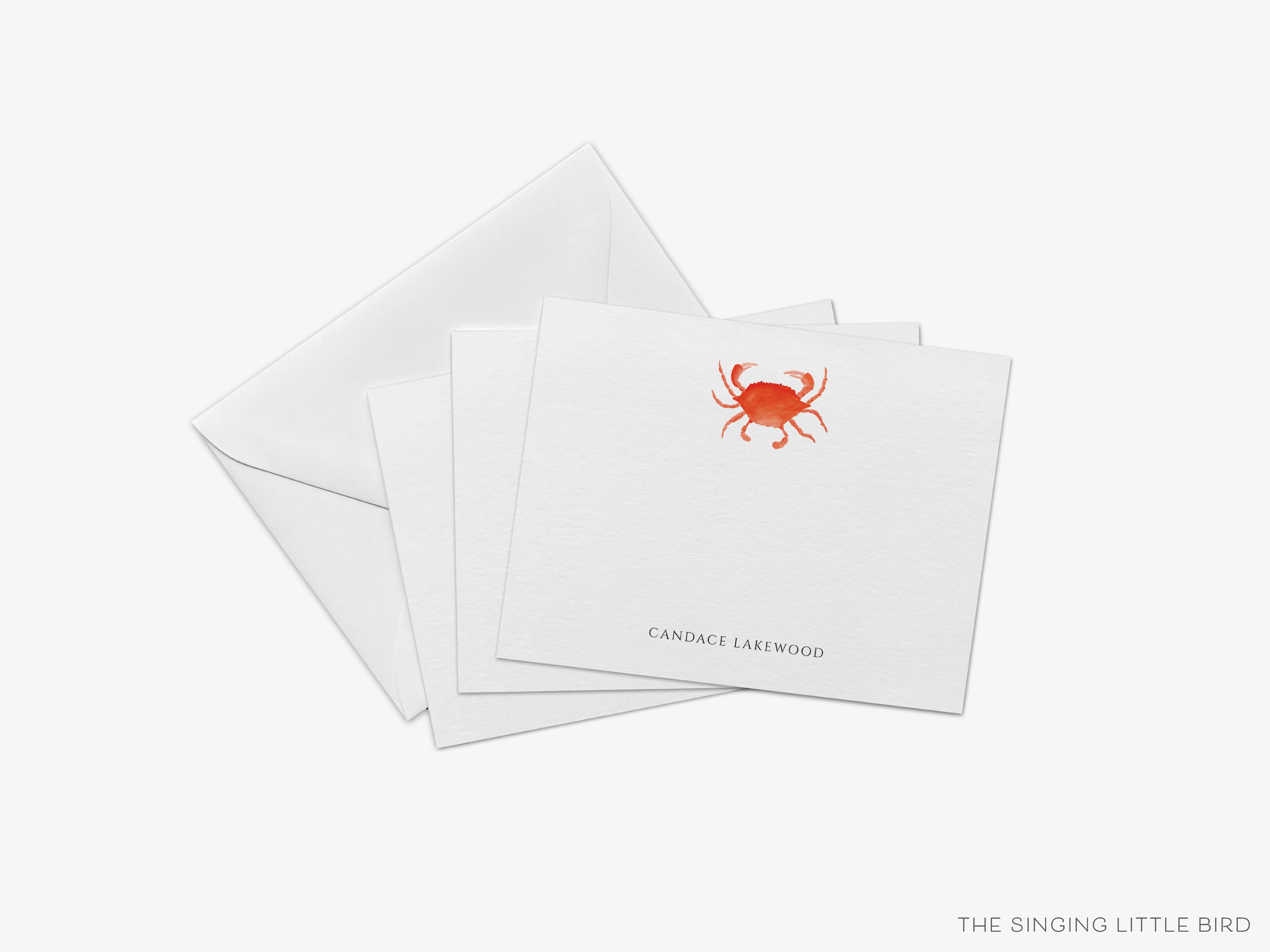 Personalized Crab Flat Notes-These personalized flat notecards are 4.25x5.5 and feature our hand-painted watercolor Crab, printed in the USA on 120lb textured stock. They come with your choice of envelopes and make great thank yous and gifts for the beach lover in your life.-The Singing Little Bird