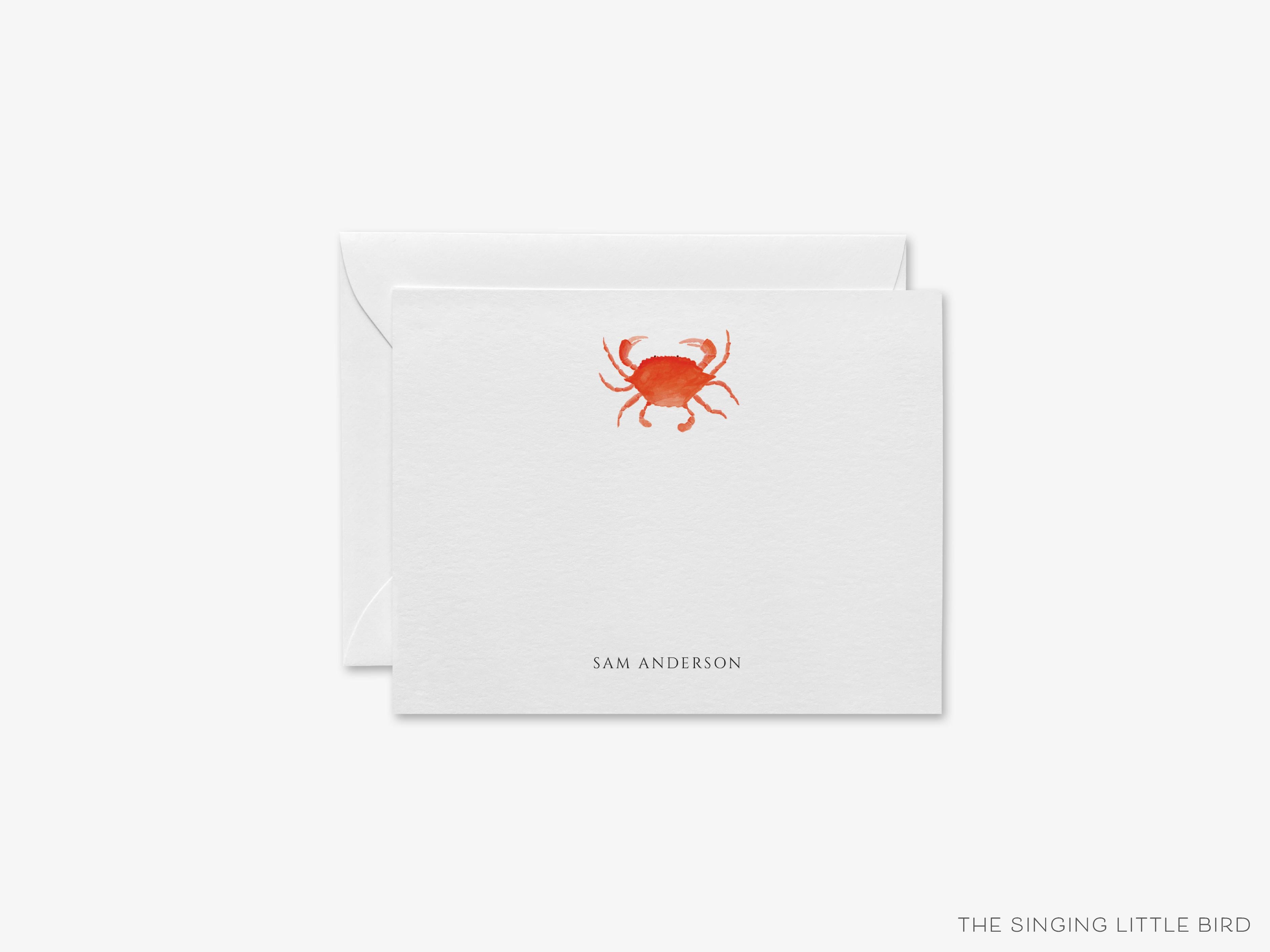 Personalized Crab Flat Notes-These personalized flat notecards are 4.25x5.5 and feature our hand-painted watercolor Crab, printed in the USA on 120lb textured stock. They come with your choice of envelopes and make great thank yous and gifts for the beach lover in your life.-The Singing Little Bird
