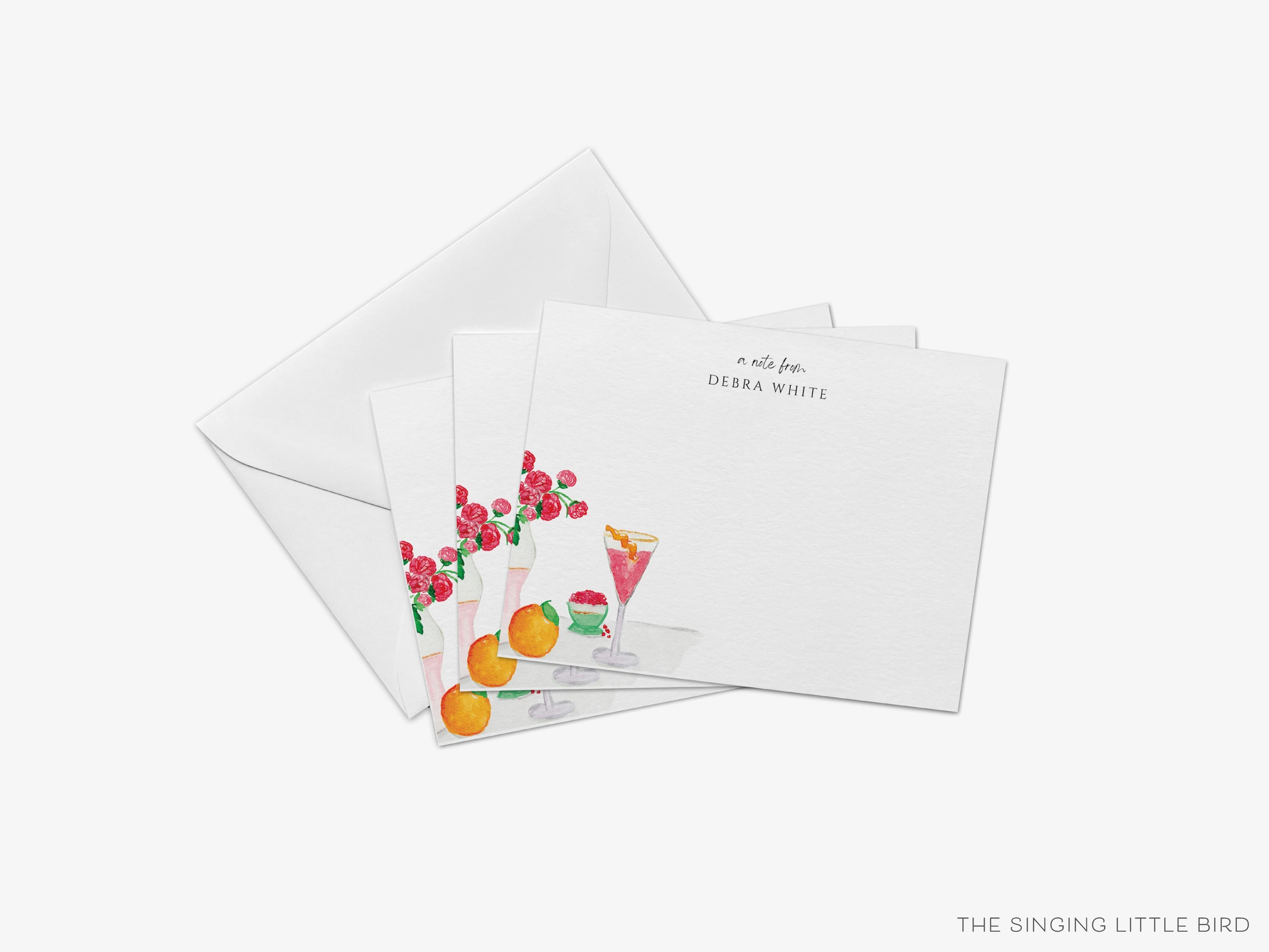 Personalized Cranberry Fizz Cocktail Flat Notes-These personalized flat notecards are 4.25x5.5 and feature our hand-painted watercolor drink, fruit and flowers, printed in the USA on 120lb textured stock. They come with your choice of envelopes and make great thank yous and gifts for the cocktail lover in your life.-The Singing Little Bird