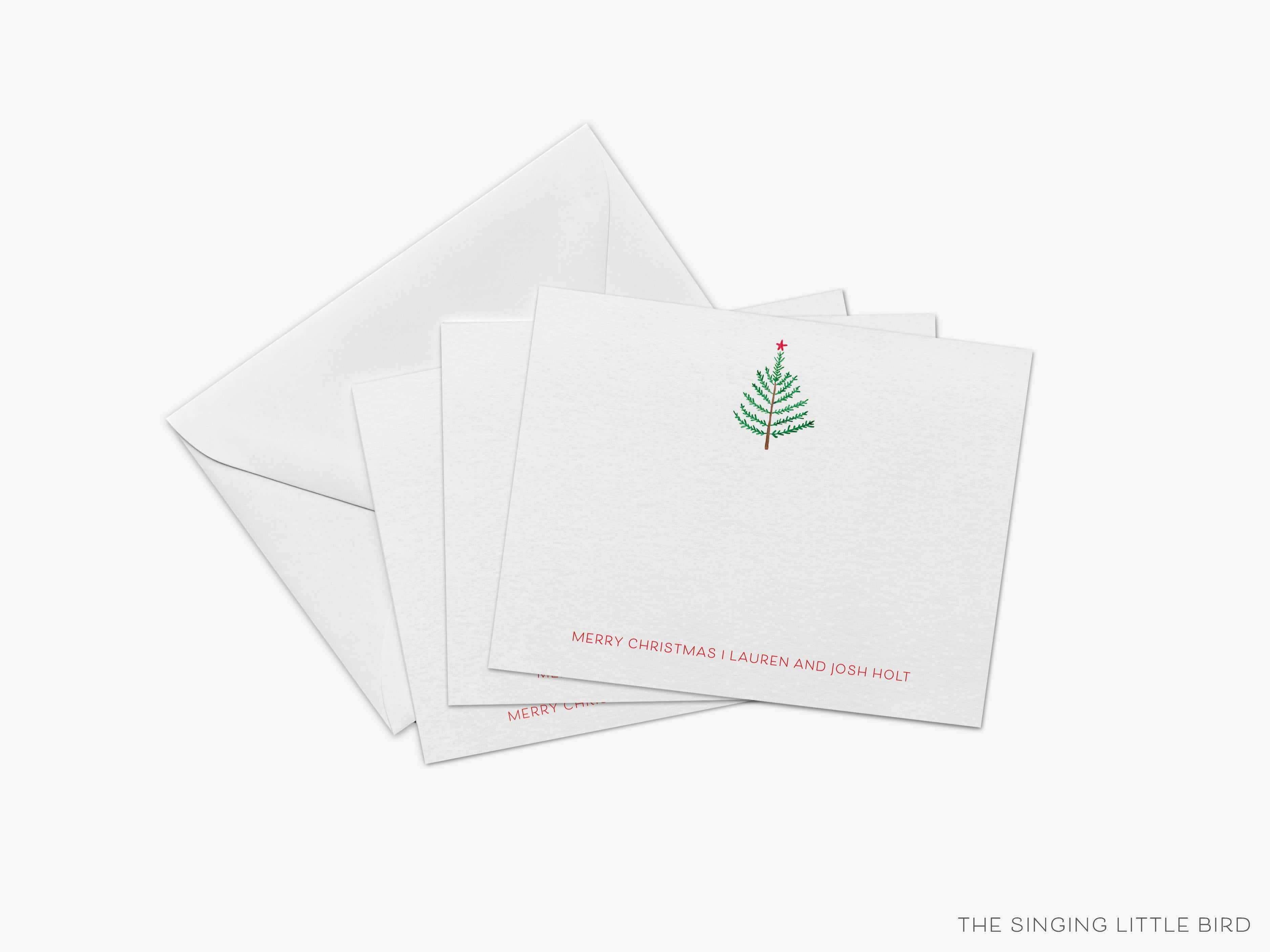 Personalized Evergreen Branch Flat Notes-These personalized flat notecards are 4.25x5.5 and feature our hand-painted watercolor evergreen branch, printed in the USA on 120lb textured stock. They come with your choice of envelopes and make great thank yous and gifts for the tree lover in your life.-The Singing Little Bird