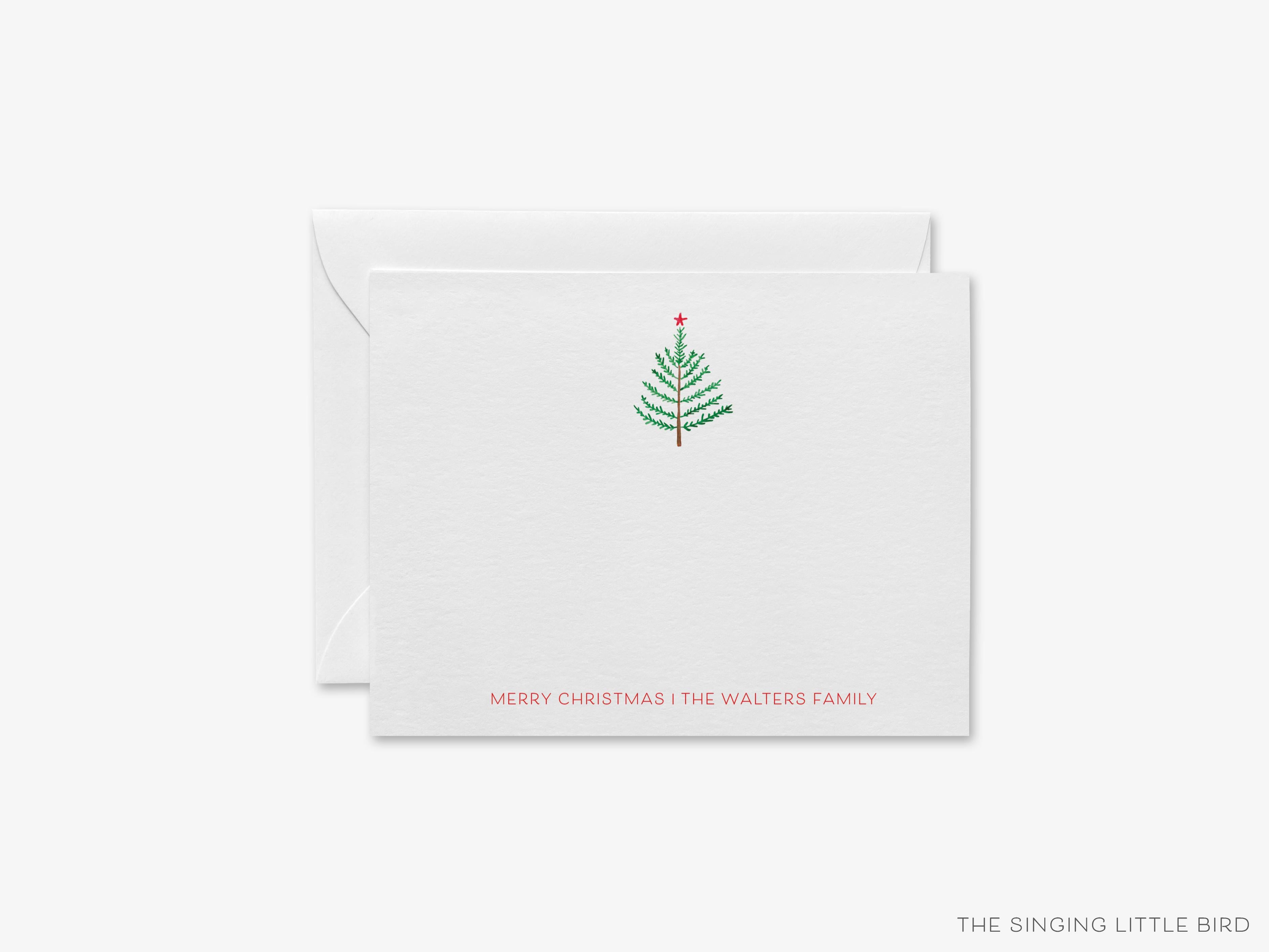 Personalized Evergreen Branch Flat Notes-These personalized flat notecards are 4.25x5.5 and feature our hand-painted watercolor evergreen branch, printed in the USA on 120lb textured stock. They come with your choice of envelopes and make great thank yous and gifts for the tree lover in your life.-The Singing Little Bird