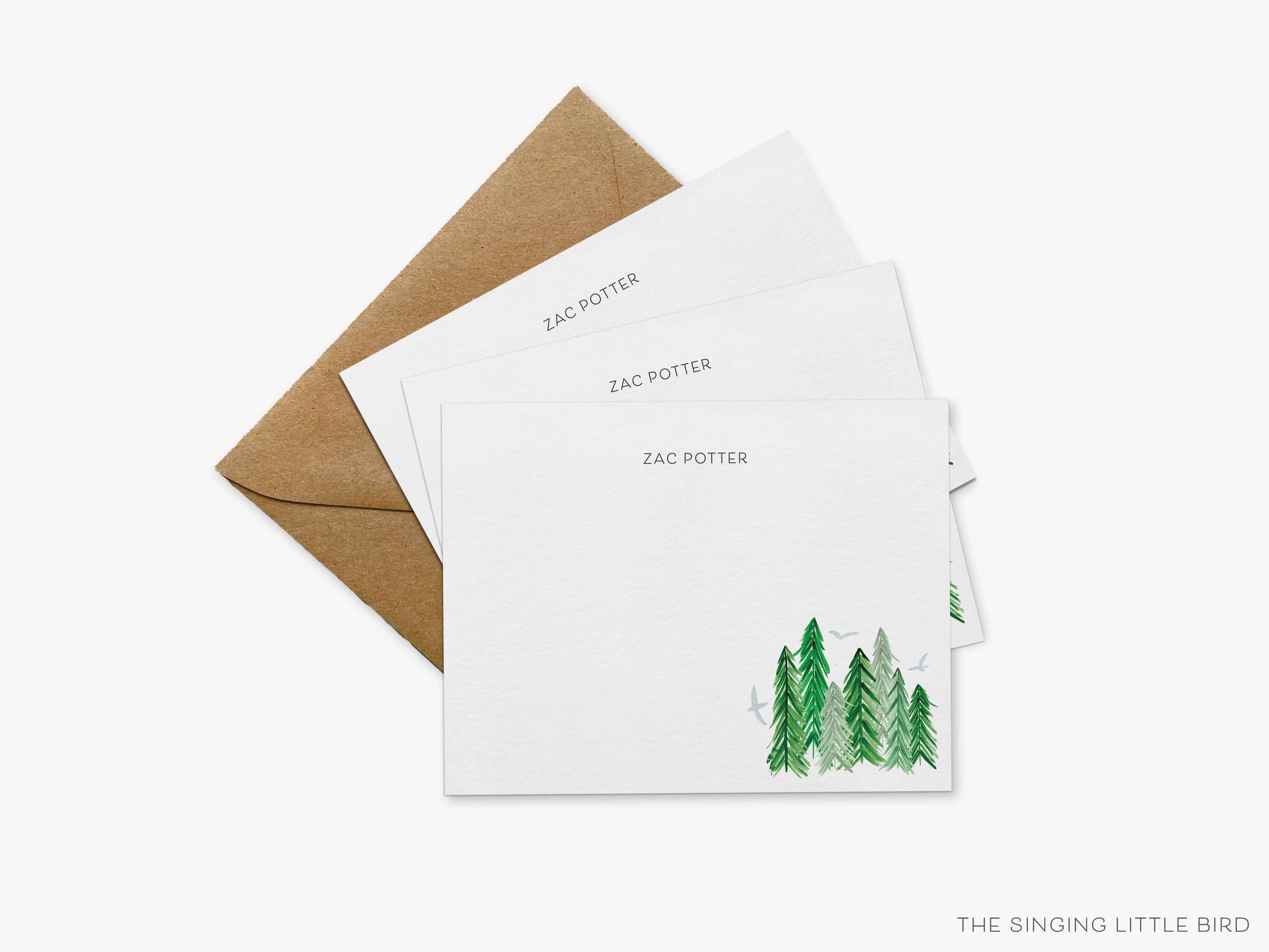 Personalized Evergreen Forest Flat Notes-These personalized flat notecards are 4.25x5.5 and feature our hand-painted watercolor evergreen trees, printed in tree branch the USA on 120lb textured stock. They come with your choice of envelopes and make great thank yous and gifts for the tree lover in your life.-The Singing Little Bird