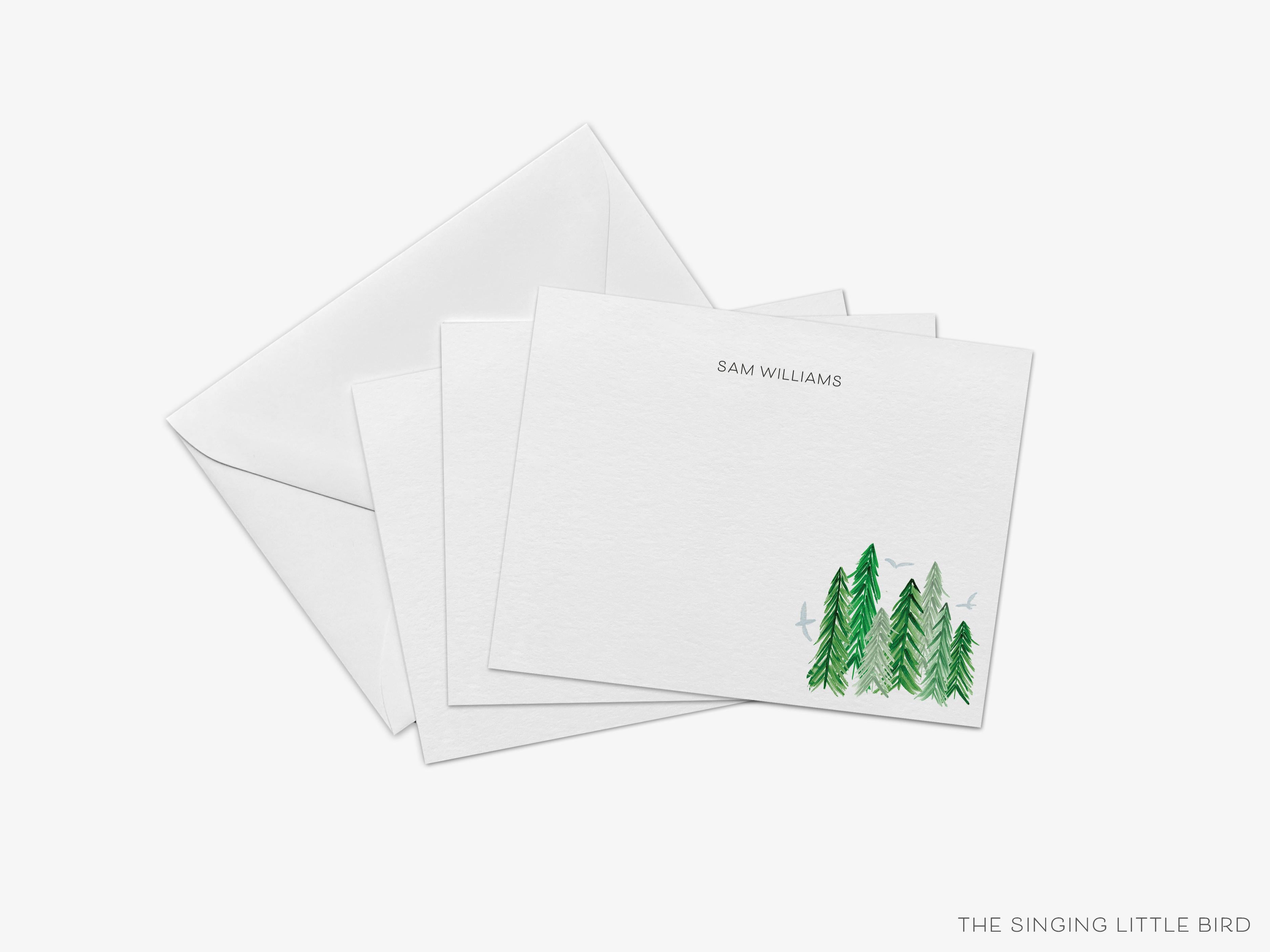 Personalized Evergreen Forest Flat Notes-These personalized flat notecards are 4.25x5.5 and feature our hand-painted watercolor evergreen trees, printed in tree branch the USA on 120lb textured stock. They come with your choice of envelopes and make great thank yous and gifts for the tree lover in your life.-The Singing Little Bird