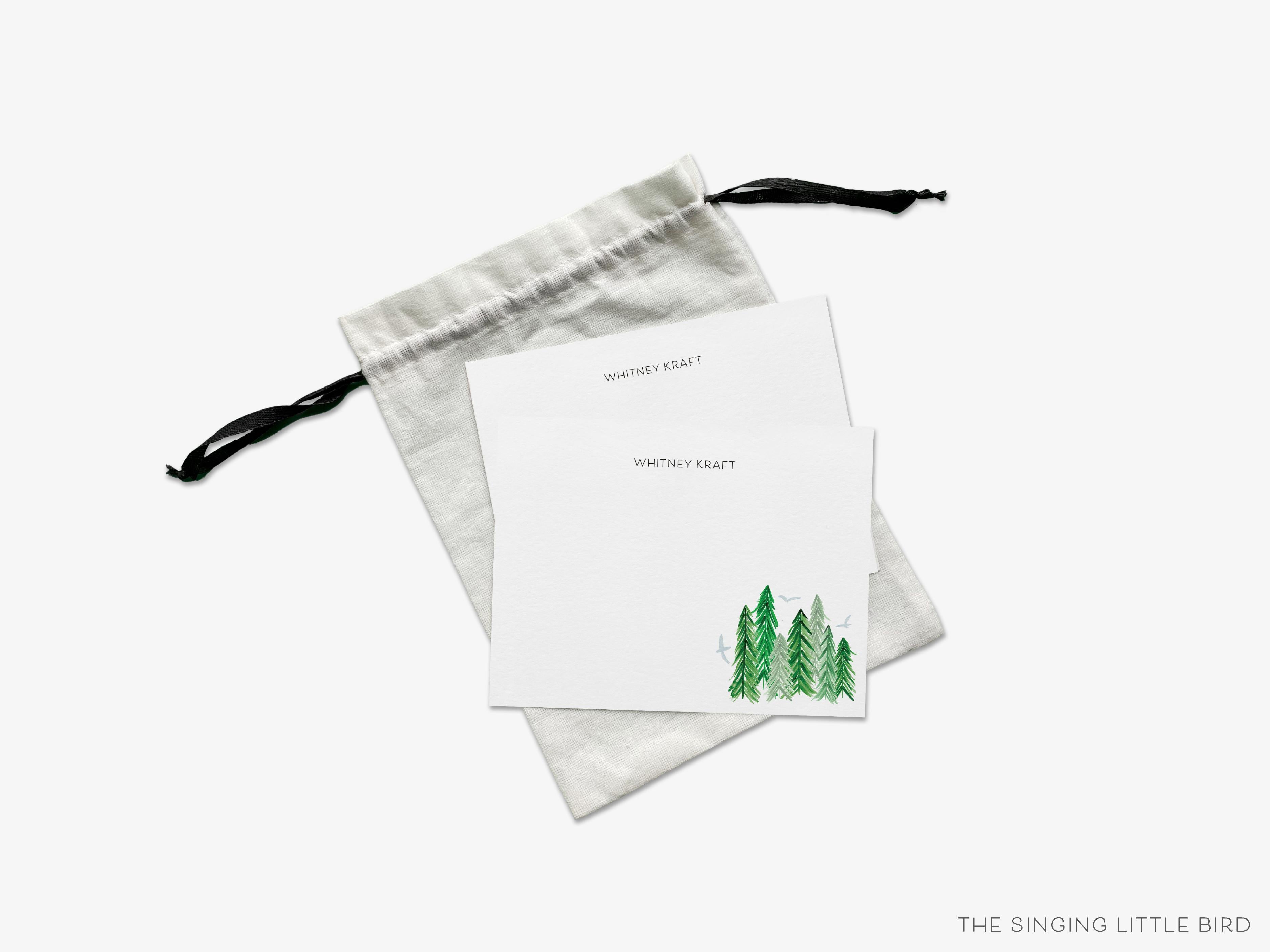 Personalized Evergreen Forest Flat Notes-These personalized flat notecards are 4.25x5.5 and feature our hand-painted watercolor evergreen trees, printed in tree branch the USA on 120lb textured stock. They come with your choice of envelopes and make great thank yous and gifts for the tree lover in your life.-The Singing Little Bird