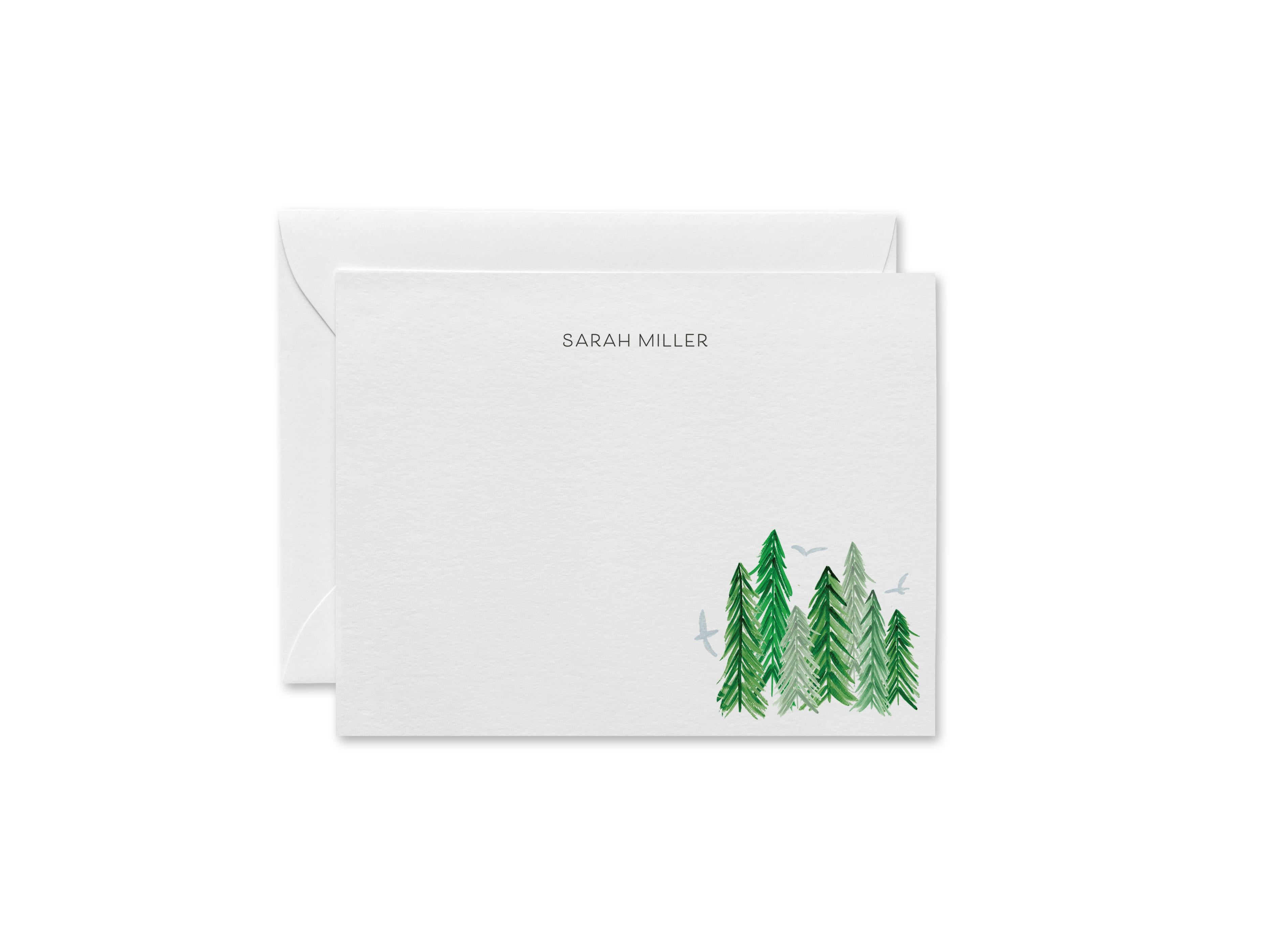 Personalized Evergreen Forest Flat Notes-These personalized flat notecards are 4.25x5.5 and feature our hand-painted watercolor evergreen trees, printed in tree branch the USA on 120lb textured stock. They come with your choice of envelopes and make great thank yous and gifts for the tree lover in your life.-The Singing Little Bird