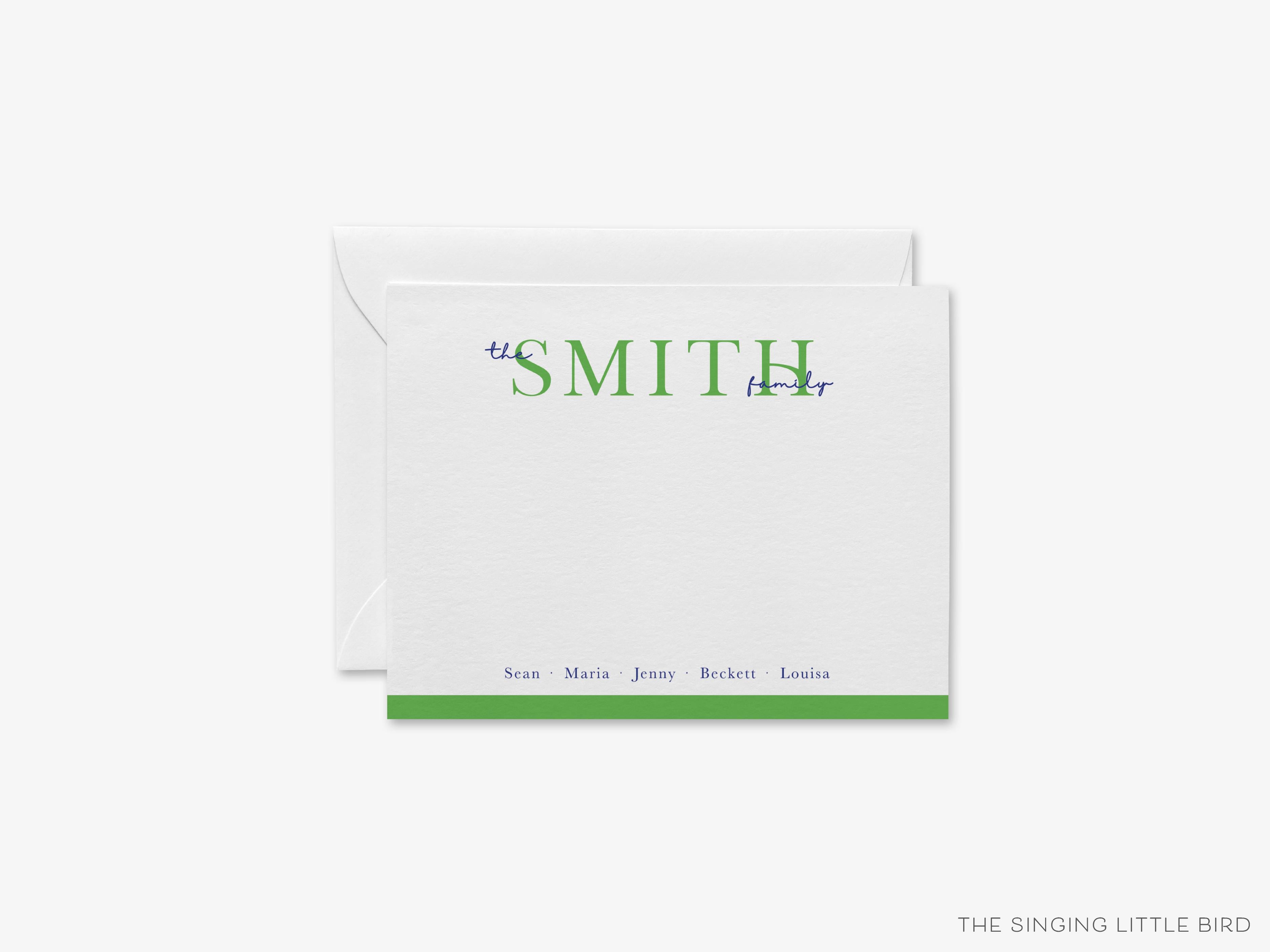 Personalized Family Duo Color Flat Notes-These personalized flat notecards are 4.25x5.5 and feature our hand-painted watercolor color print, printed in the USA on 120lb textured stock. They come with your choice of envelopes and make great thank yous and gifts for the family lover in your life.-The Singing Little Bird