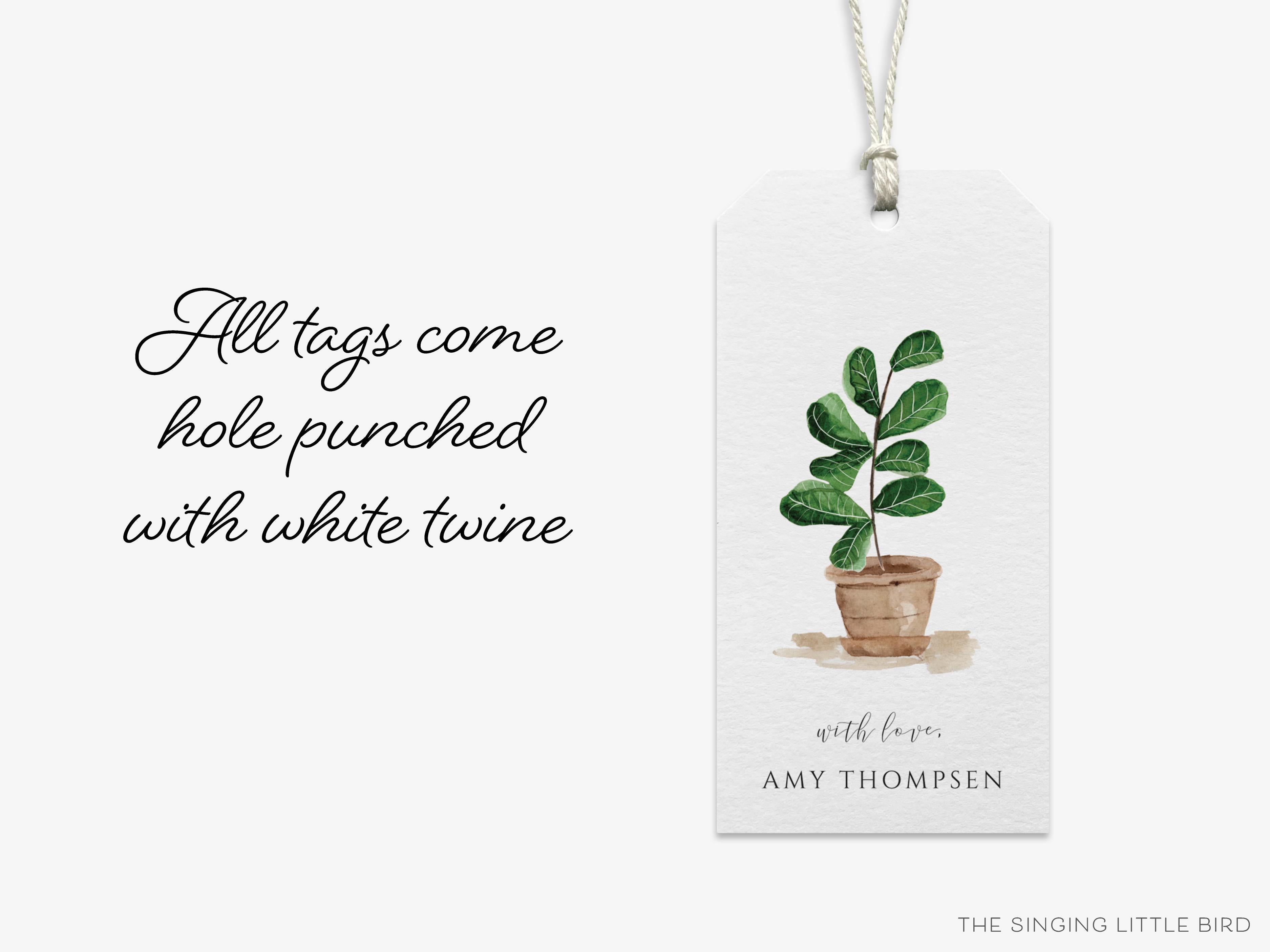 Personalized Fiddle Leaf Fig Gift Tags-These gift tags come in sets, hole-punched with white twine and feature our hand-painted watercolor fiddle leaf fig, printed in the USA on 120lb textured stock. They make great tags for gifting or gifts for the potted plant lover in your life.-The Singing Little Bird