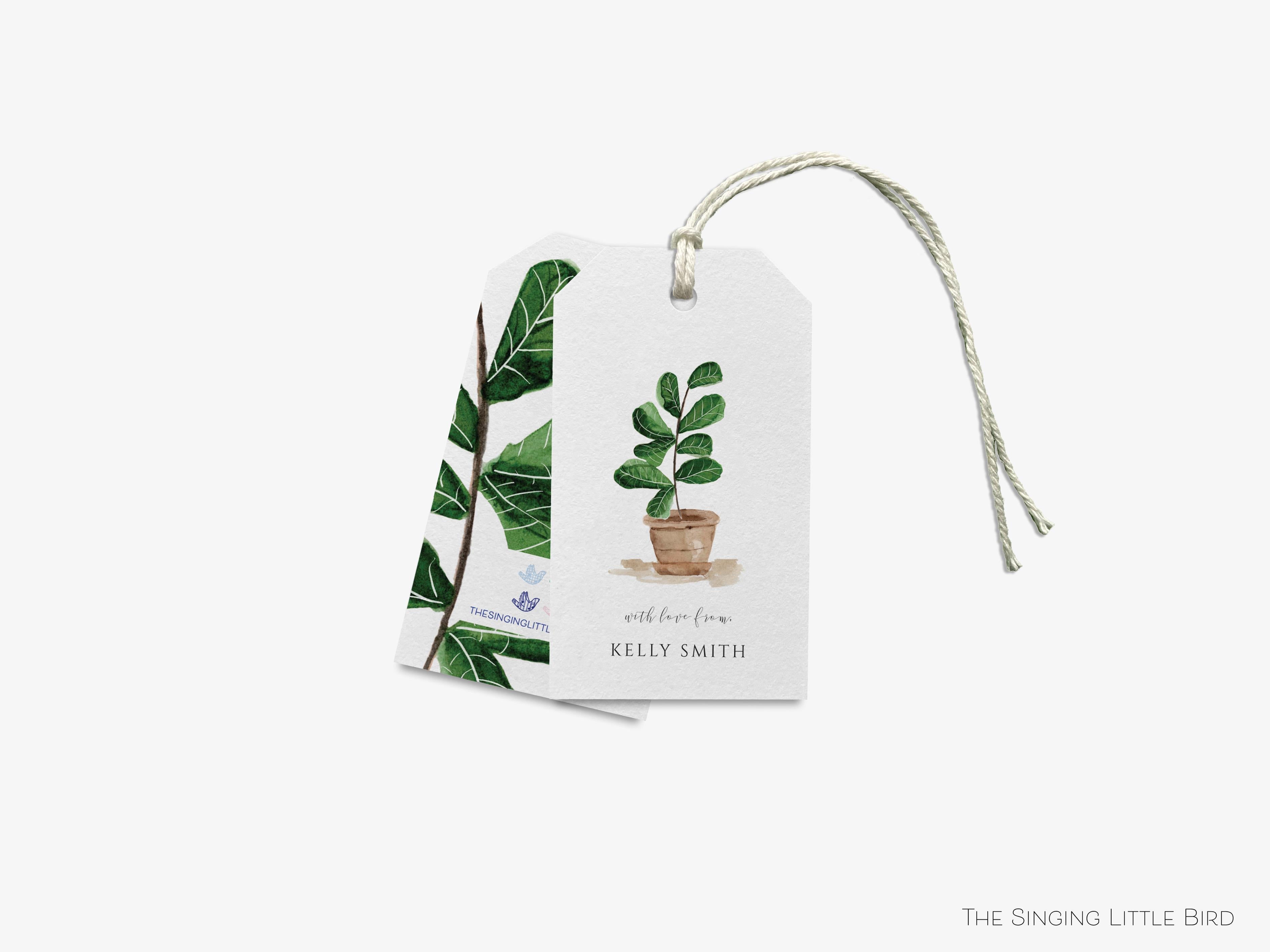 Personalized Fiddle Leaf Fig Gift Tags-These gift tags come in sets, hole-punched with white twine and feature our hand-painted watercolor fiddle leaf fig, printed in the USA on 120lb textured stock. They make great tags for gifting or gifts for the potted plant lover in your life.-The Singing Little Bird