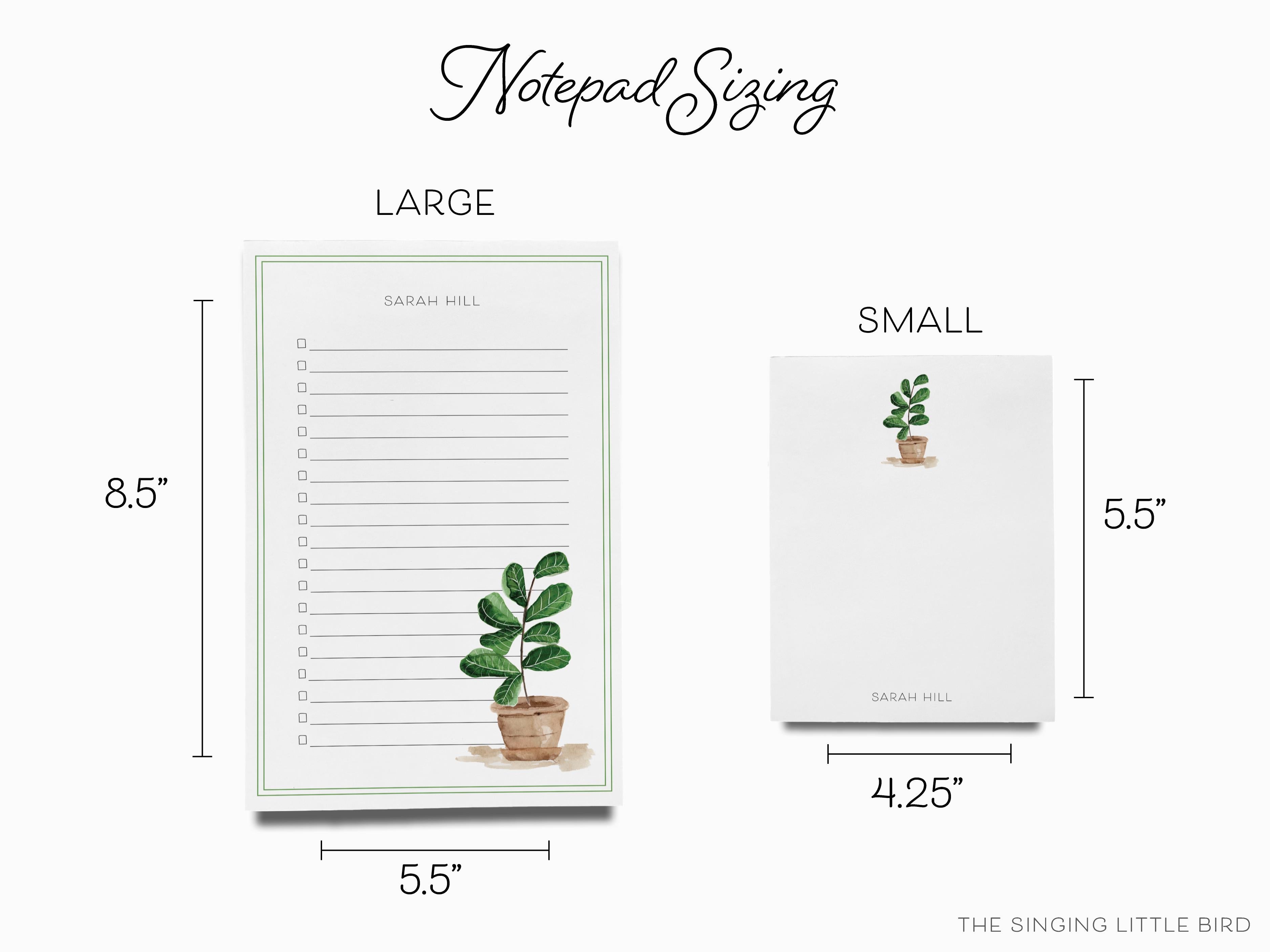 Personalized Fiddle Leaf Fig Notepad-These personalized notepads feature our hand-painted watercolor fiddle leaf fig, printed in the USA on a beautiful smooth stock. You choose which size you want (or bundled together for a beautiful gift set) and makes a great gift for the checklist and potted plant lover in your life.-The Singing Little Bird