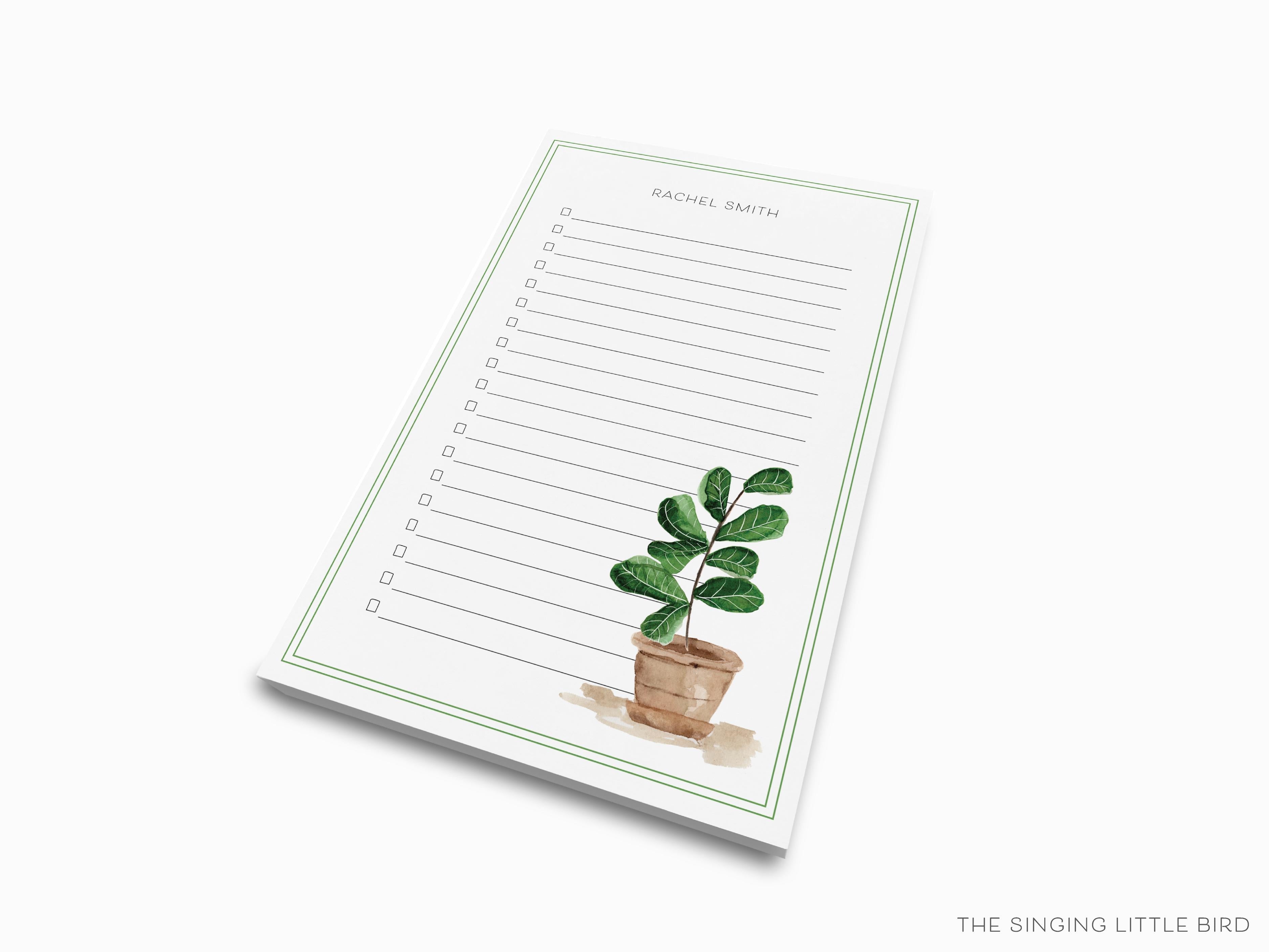 Personalized Fiddle Leaf Fig Notepad-These personalized notepads feature our hand-painted watercolor fiddle leaf fig, printed in the USA on a beautiful smooth stock. You choose which size you want (or bundled together for a beautiful gift set) and makes a great gift for the checklist and potted plant lover in your life.-The Singing Little Bird