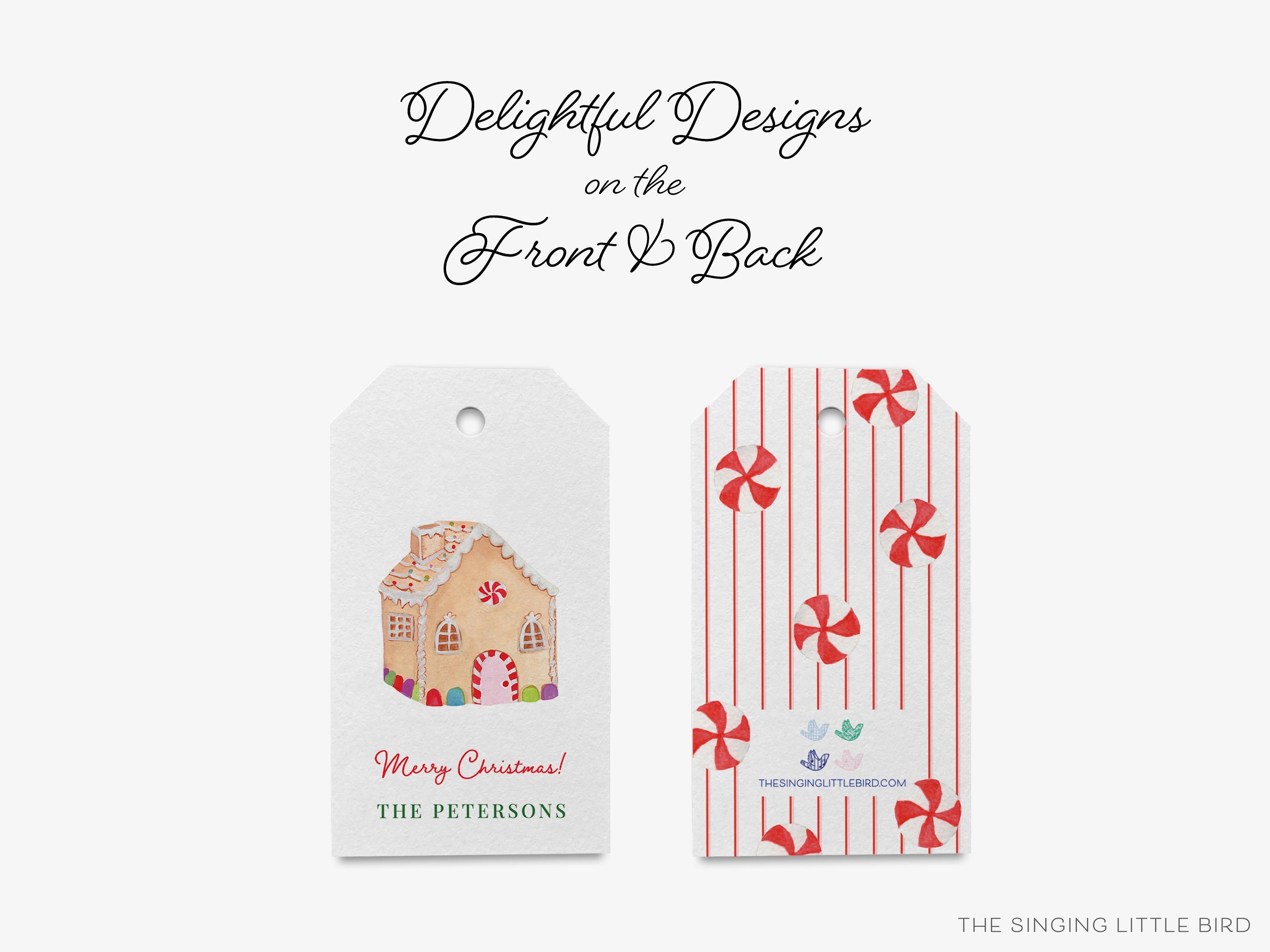 Personalized Gingerbread House Gift Tags-These gift tags come in sets, hole-punched with white twine and feature our hand-painted watercolor gingerbread house and peppermint candy, printed in the USA on 120lb textured stock. They make great tags for gifting or gifts for the holiday sweet tooth lover in your life.-The Singing Little Bird