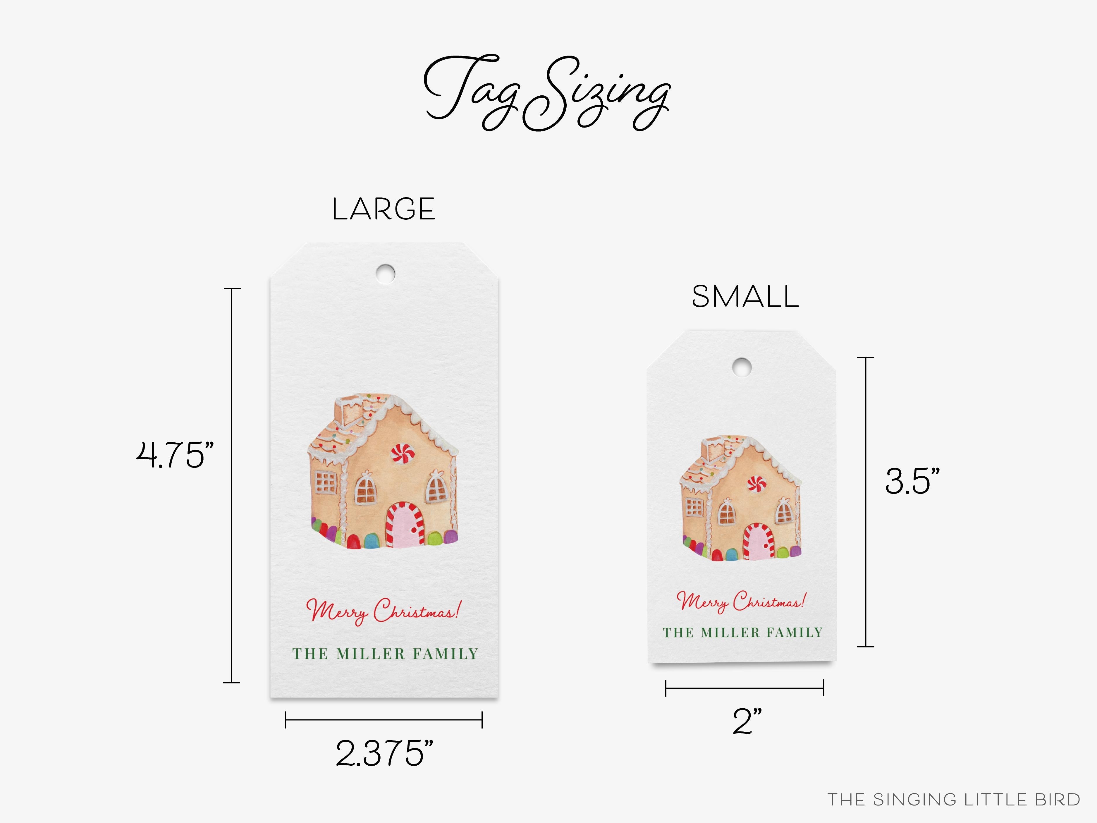 Personalized Gingerbread House Gift Tags-These gift tags come in sets, hole-punched with white twine and feature our hand-painted watercolor gingerbread house and peppermint candy, printed in the USA on 120lb textured stock. They make great tags for gifting or gifts for the holiday sweet tooth lover in your life.-The Singing Little Bird