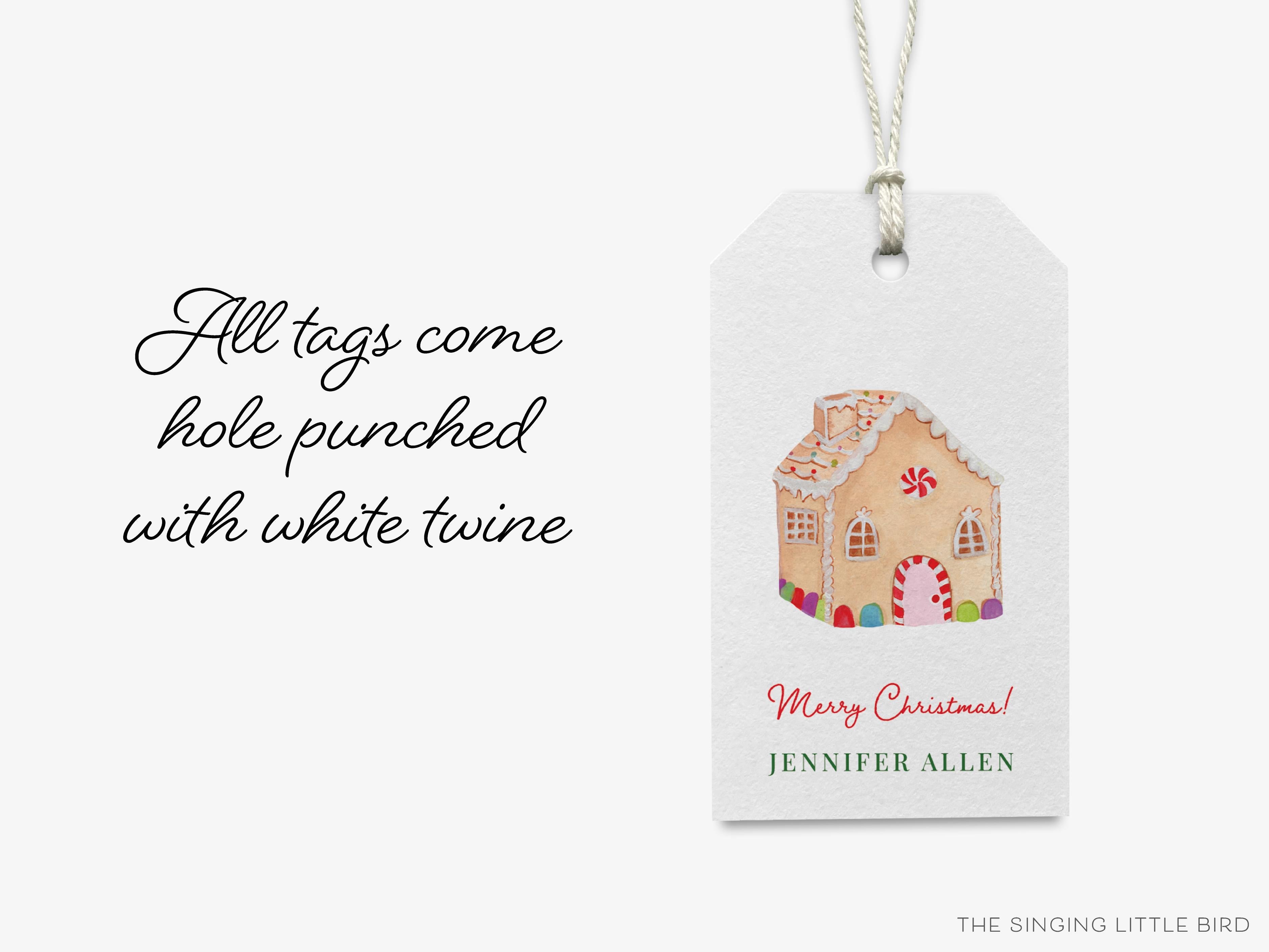 Personalized Gingerbread House Gift Tags-These gift tags come in sets, hole-punched with white twine and feature our hand-painted watercolor gingerbread house and peppermint candy, printed in the USA on 120lb textured stock. They make great tags for gifting or gifts for the holiday sweet tooth lover in your life.-The Singing Little Bird