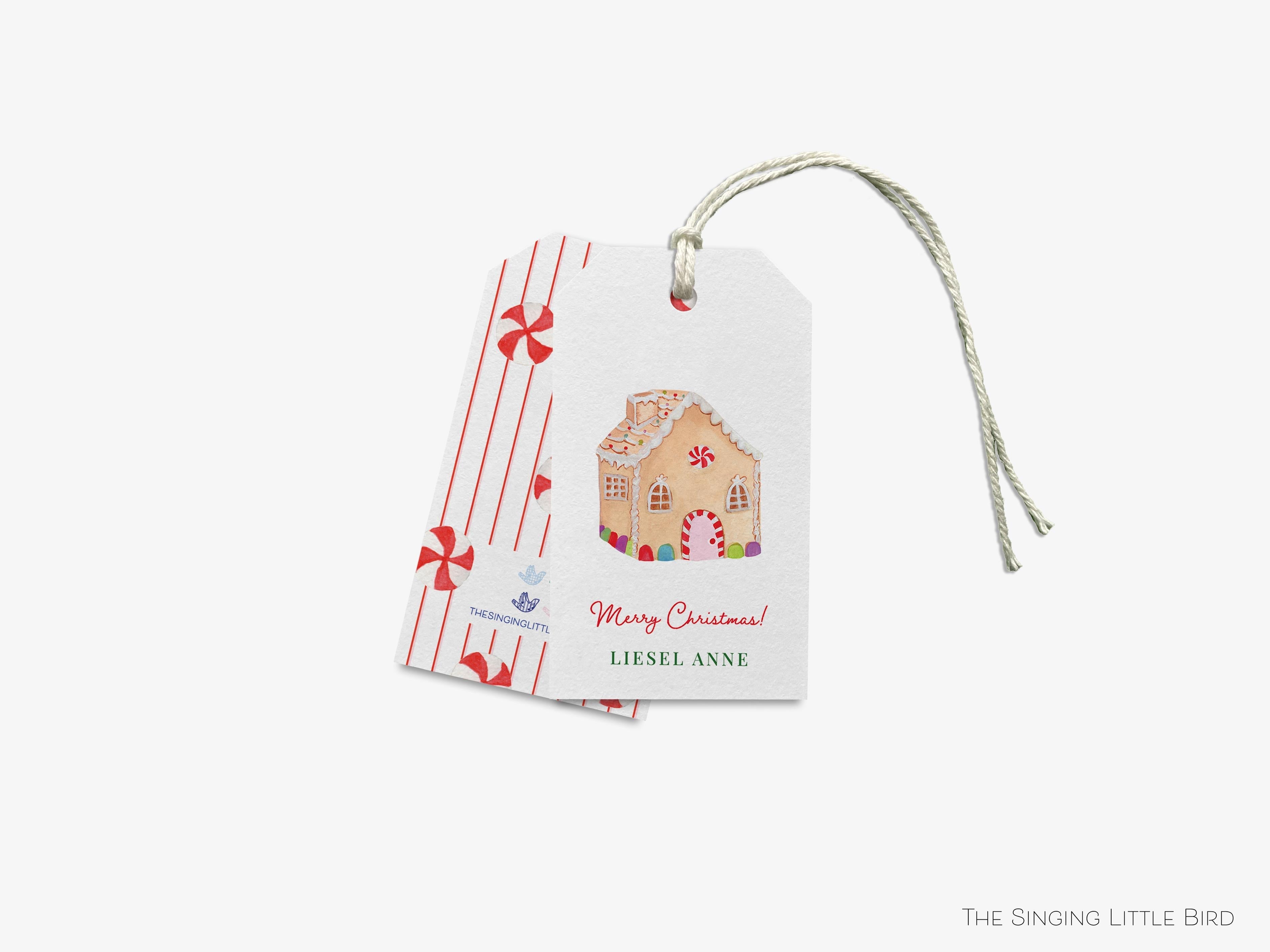 Personalized Gingerbread House Gift Tags-These gift tags come in sets, hole-punched with white twine and feature our hand-painted watercolor gingerbread house and peppermint candy, printed in the USA on 120lb textured stock. They make great tags for gifting or gifts for the holiday sweet tooth lover in your life.-The Singing Little Bird