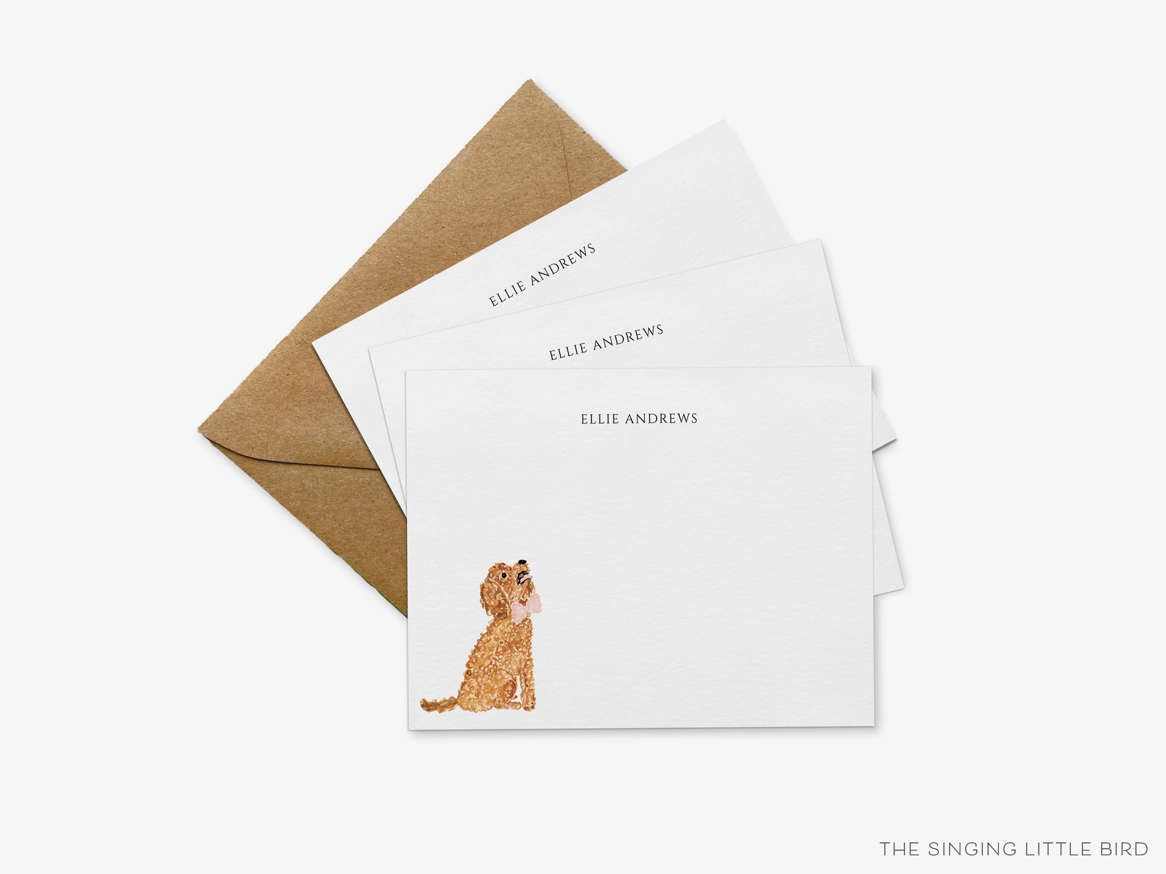 Personalized Goldendoodle Flat Notes-These personalized flat notecards are 4.25x5.5 and feature our hand-painted watercolor goldendoodle, printed in the USA on 120lb textured stock. They come with your choice of envelopes and make great thank yous and gifts for the puppy lover in your life.-The Singing Little Bird