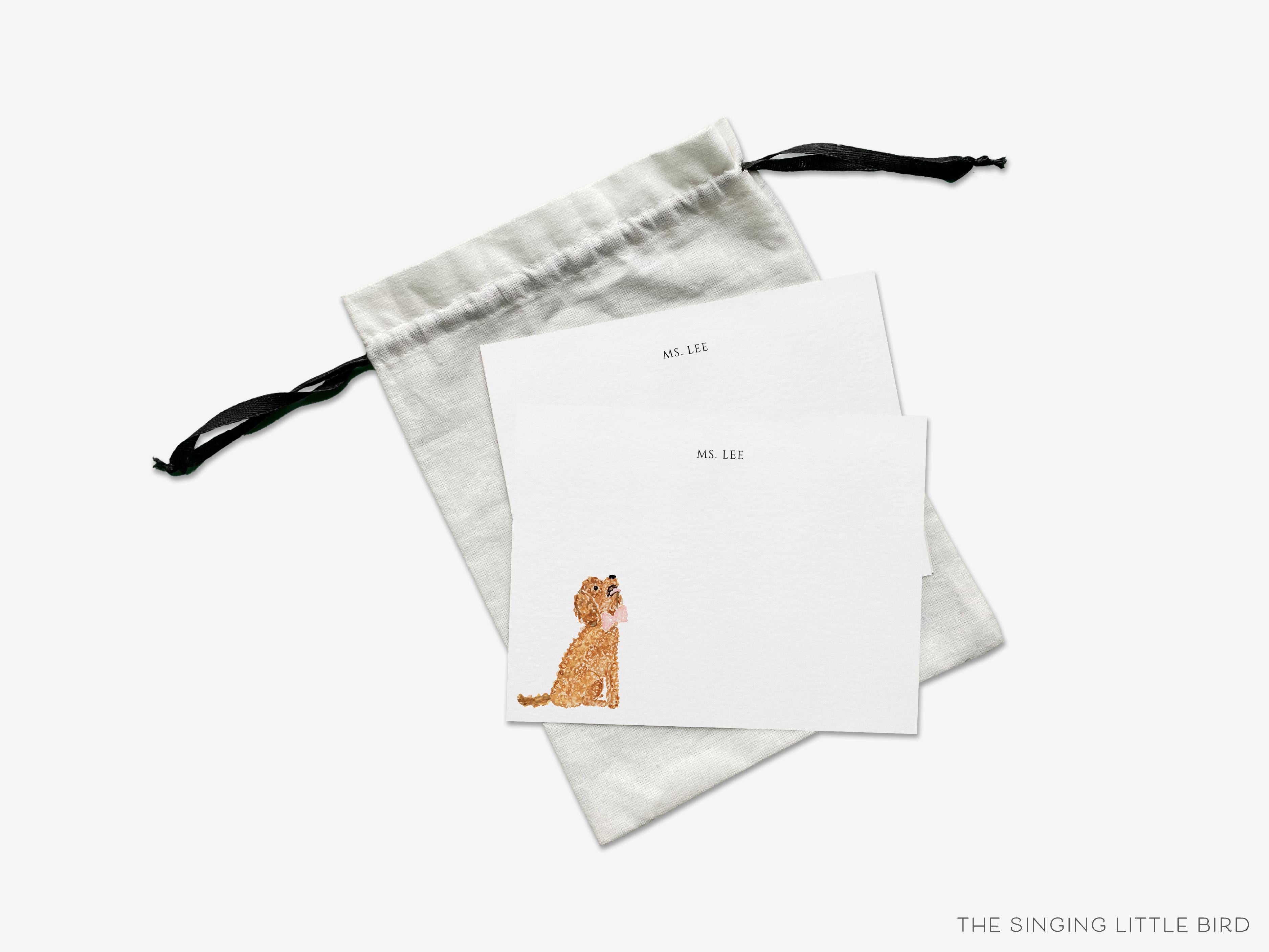 Personalized Goldendoodle Flat Notes-These personalized flat notecards are 4.25x5.5 and feature our hand-painted watercolor goldendoodle, printed in the USA on 120lb textured stock. They come with your choice of envelopes and make great thank yous and gifts for the puppy lover in your life.-The Singing Little Bird