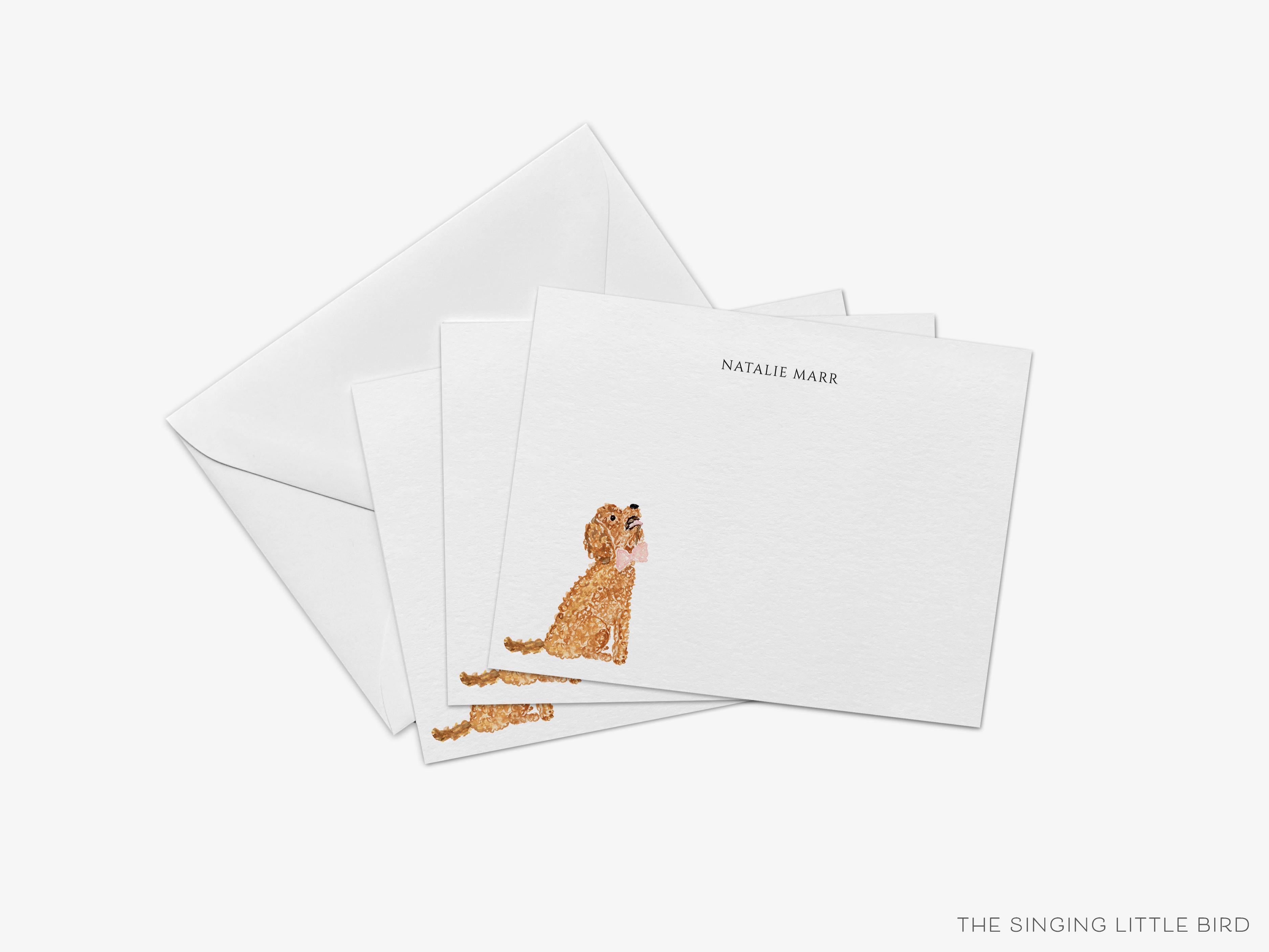 Personalized Goldendoodle Flat Notes-These personalized flat notecards are 4.25x5.5 and feature our hand-painted watercolor goldendoodle, printed in the USA on 120lb textured stock. They come with your choice of envelopes and make great thank yous and gifts for the puppy lover in your life.-The Singing Little Bird