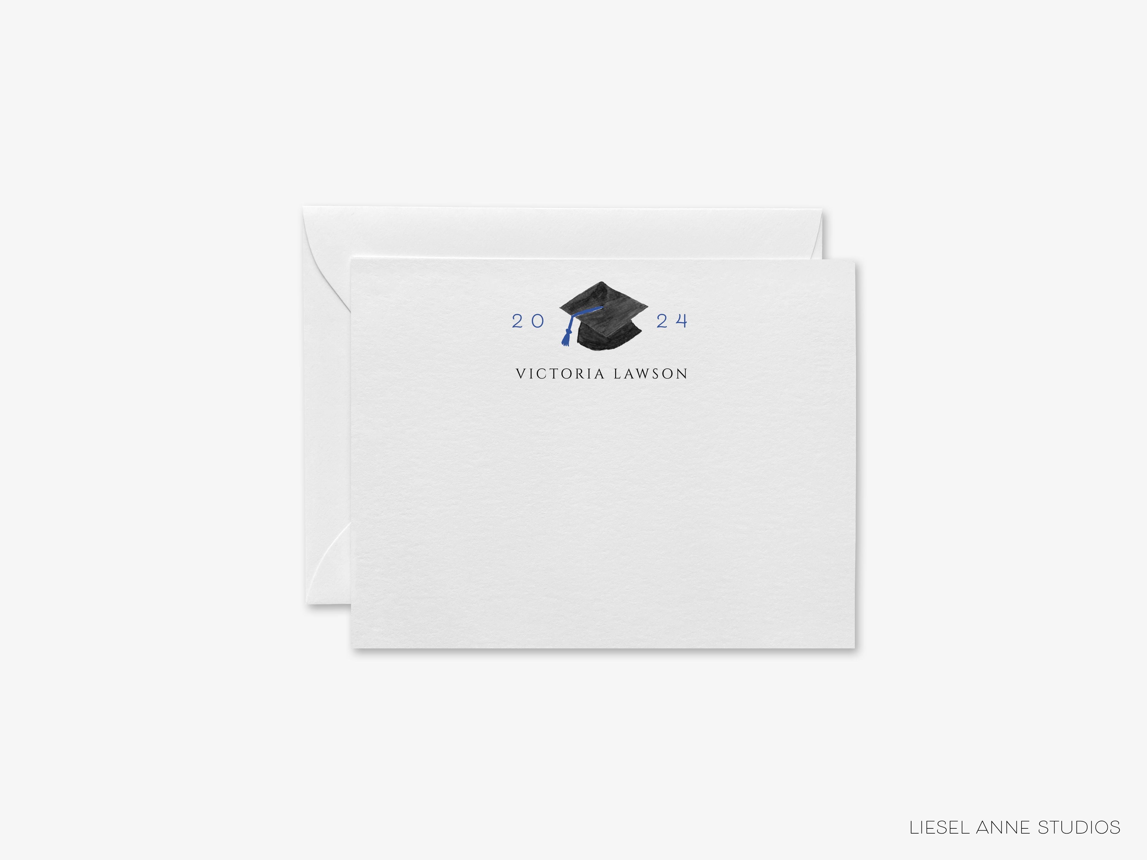 Personalized Graduation Cap Class of 2024 Notecards-These personalized flat graduation announcements are 4.25x5.5 and feature our hand-painted watercolor graduation cap, printed in the USA on 120lb textured stock. They come with your choice of envelopes and make great gifts or thank you cards for the graduate in your life.-The Singing Little Bird