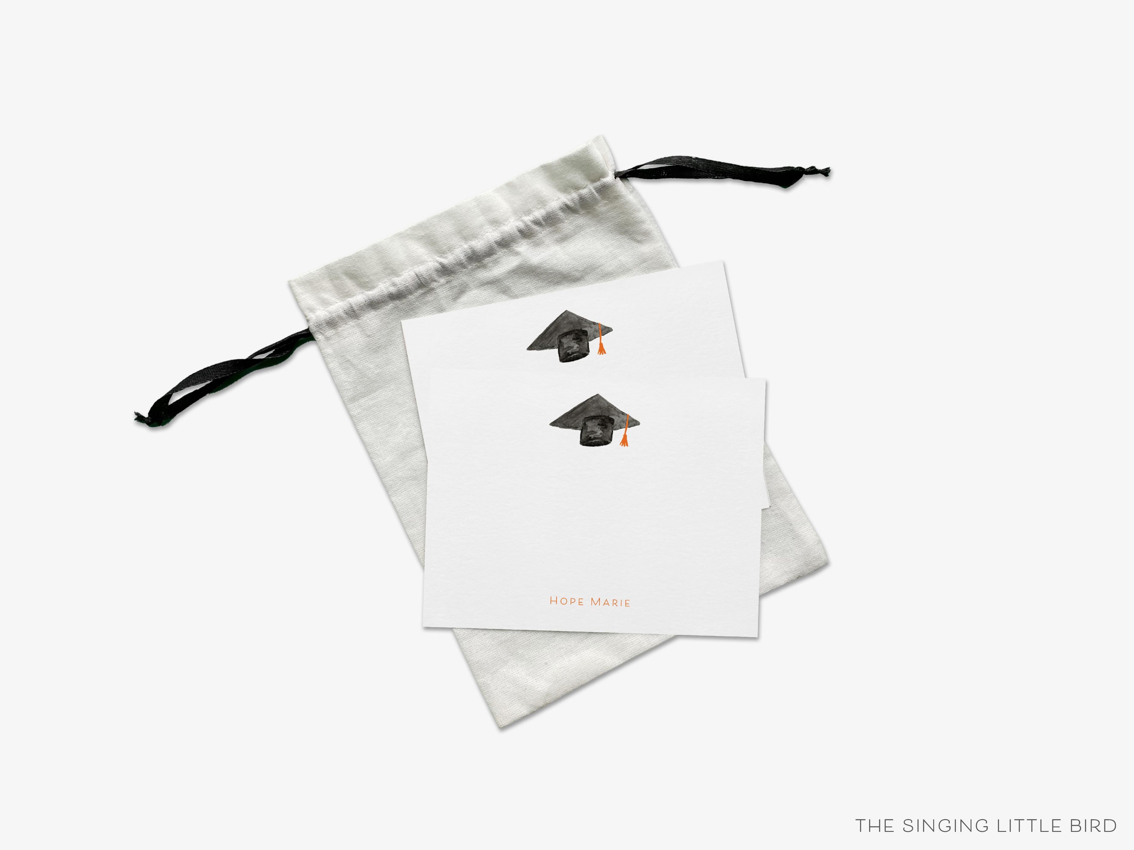 Personalized Graduation Cap Flat Notes-These personalized flat graduation announcements are 4.25x5.5 and feature our hand-painted watercolor graduation cap, printed in the USA on 120lb textured stock. They come with your choice of envelopes and make great gifts or thank you cards for the graduate in your life.-The Singing Little Bird