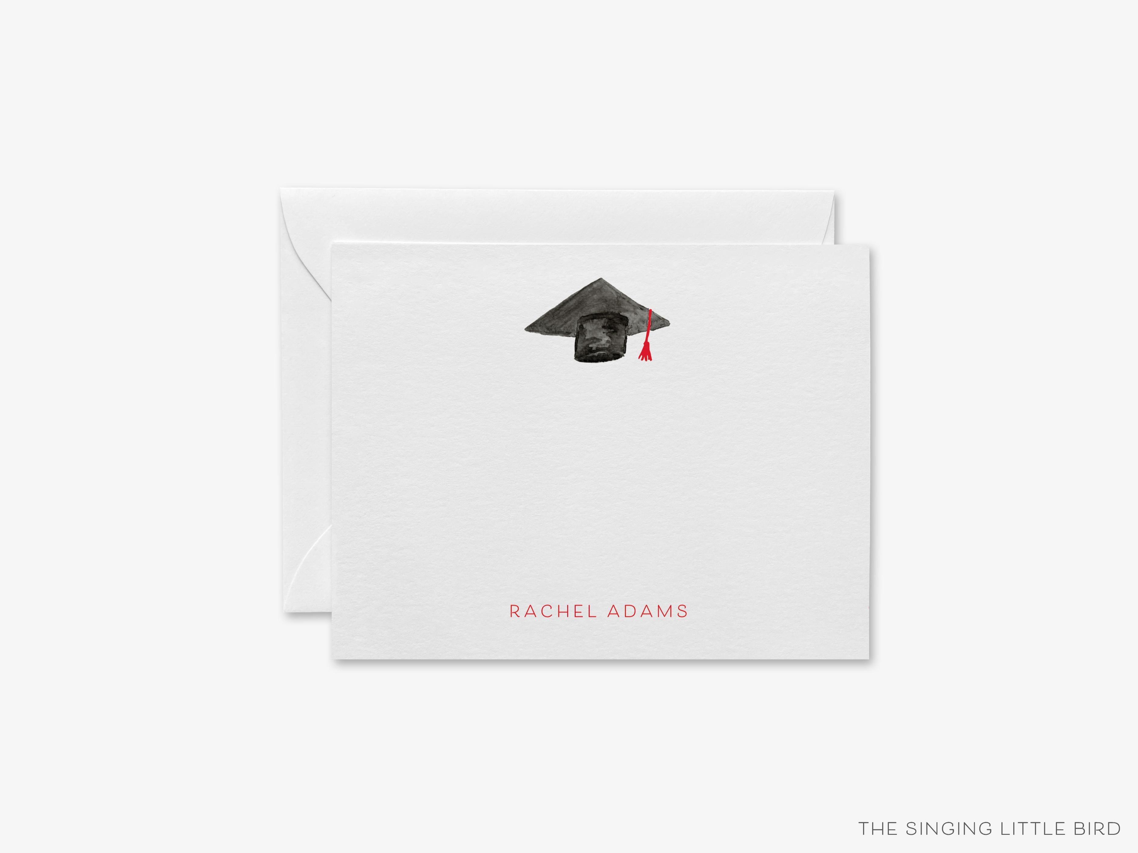 Personalized Graduation Cap Flat Notes-These personalized flat graduation announcements are 4.25x5.5 and feature our hand-painted watercolor graduation cap, printed in the USA on 120lb textured stock. They come with your choice of envelopes and make great gifts or thank you cards for the graduate in your life.-The Singing Little Bird