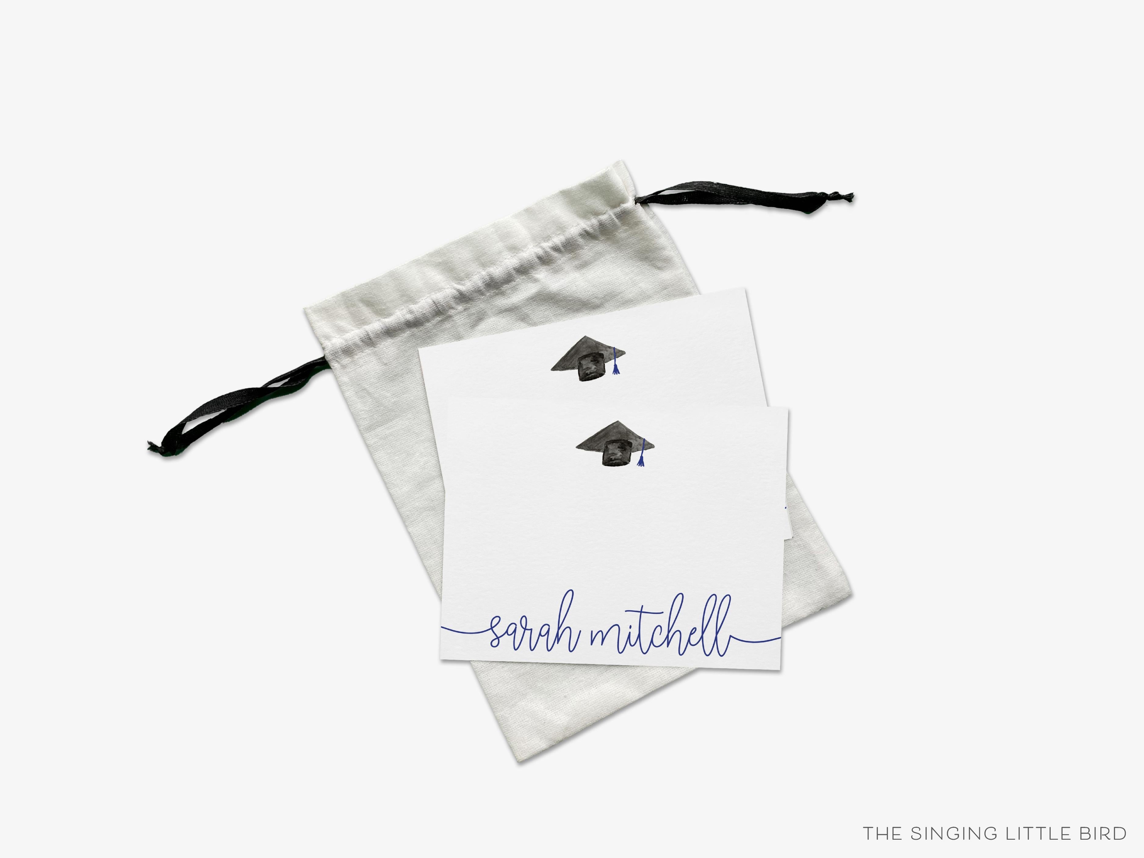 Personalized Graduation Cap Script Flat Notes-These personalized flat graduation announcements are 4.25x5.5 and feature our hand-painted watercolor graduation cap, printed in the USA on 120lb textured stock. They come with your choice of envelopes and make great gifts or thank you cards for the graduate in your life.-The Singing Little Bird