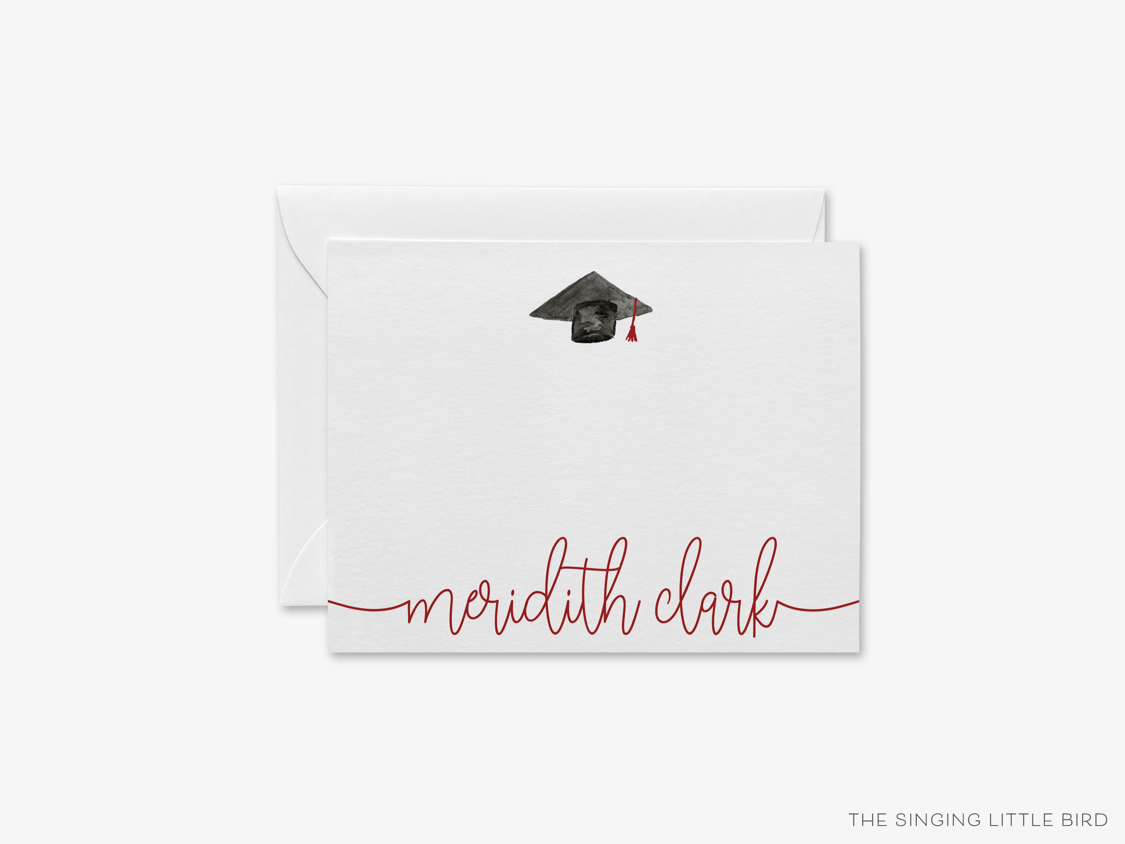 Personalized Graduation Cap Script Flat Notes-These personalized flat graduation announcements are 4.25x5.5 and feature our hand-painted watercolor graduation cap, printed in the USA on 120lb textured stock. They come with your choice of envelopes and make great gifts or thank you cards for the graduate in your life.-The Singing Little Bird