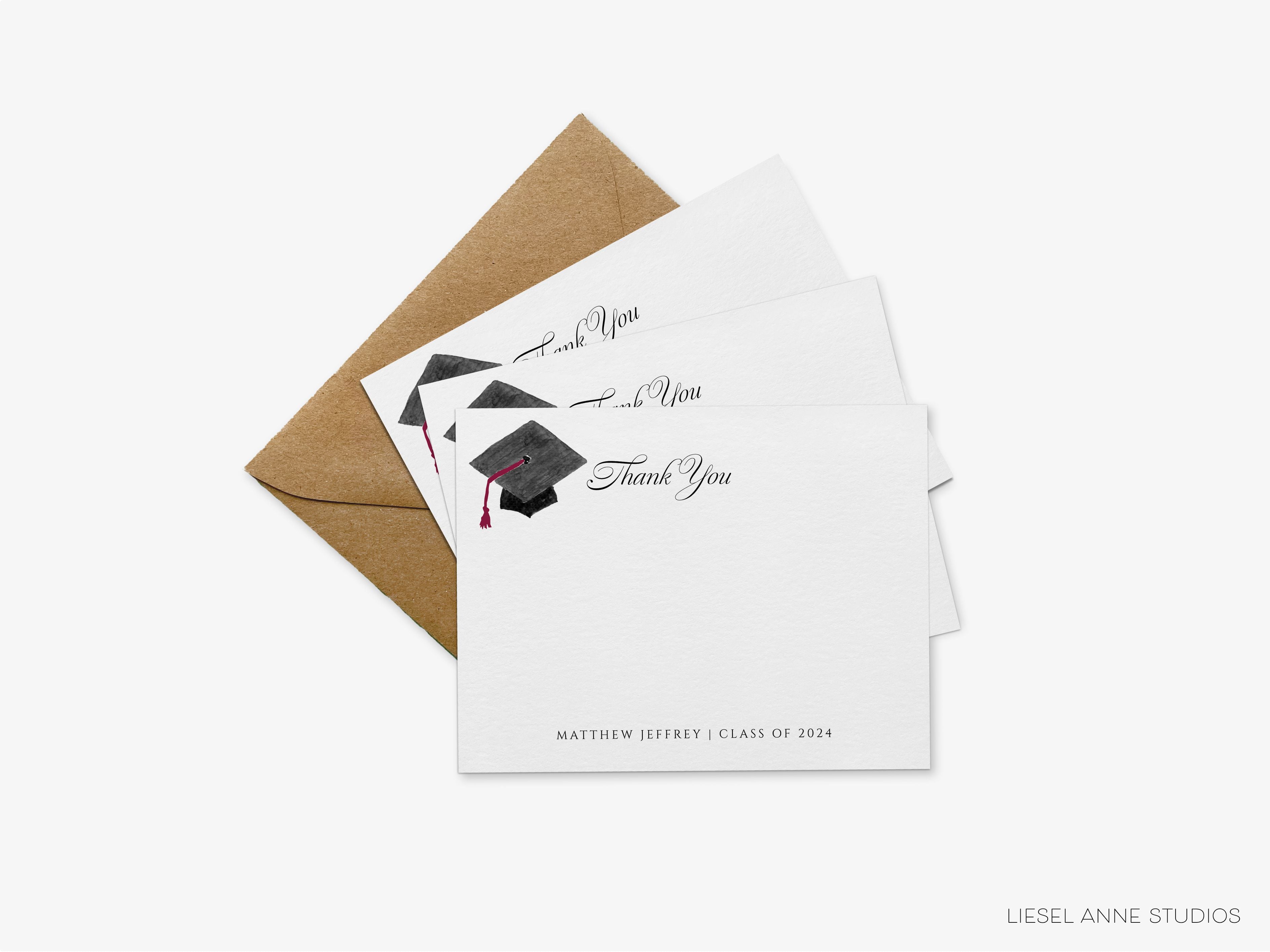Personalized Graduation Cap Thank You Script Flat Notes-These personalized, thank you flat notes are 4.25x5.5 and feature our hand-painted watercolor graduation cap, printed in the USA on 120lb textured stock. They come with your choice of envelopes and make great gifts or thank you cards for the graduate in your life.-The Singing Little Bird