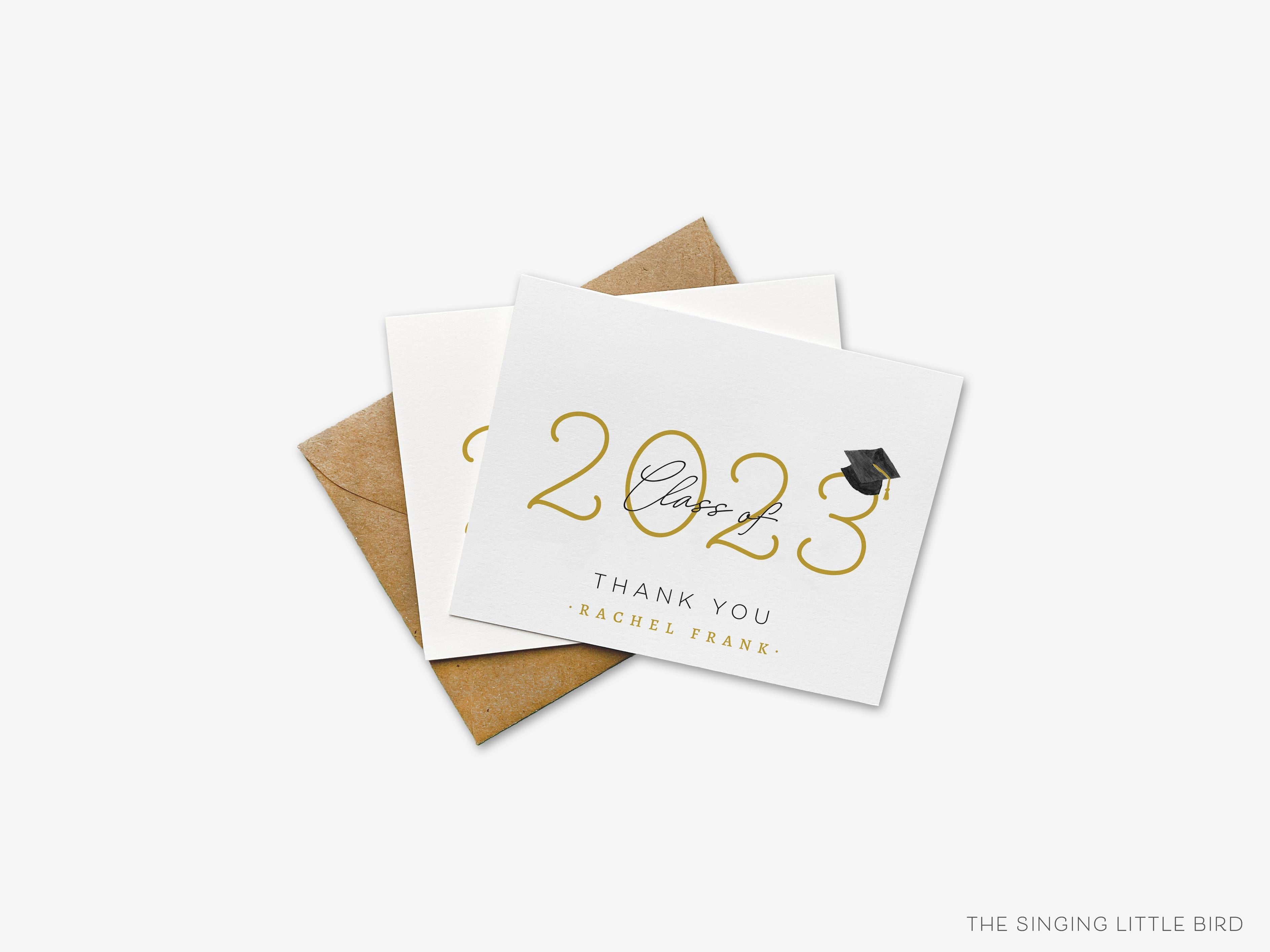 Personalized Graduation Class of Thank You Cards-These folded greeting cards are 4.25x5.5 and feature our hand-painted graduation cap, printed in the USA on 100lb textured stock. They come with a White or Kraft envelope and make a great thank you card for the graduate in your life.-The Singing Little Bird