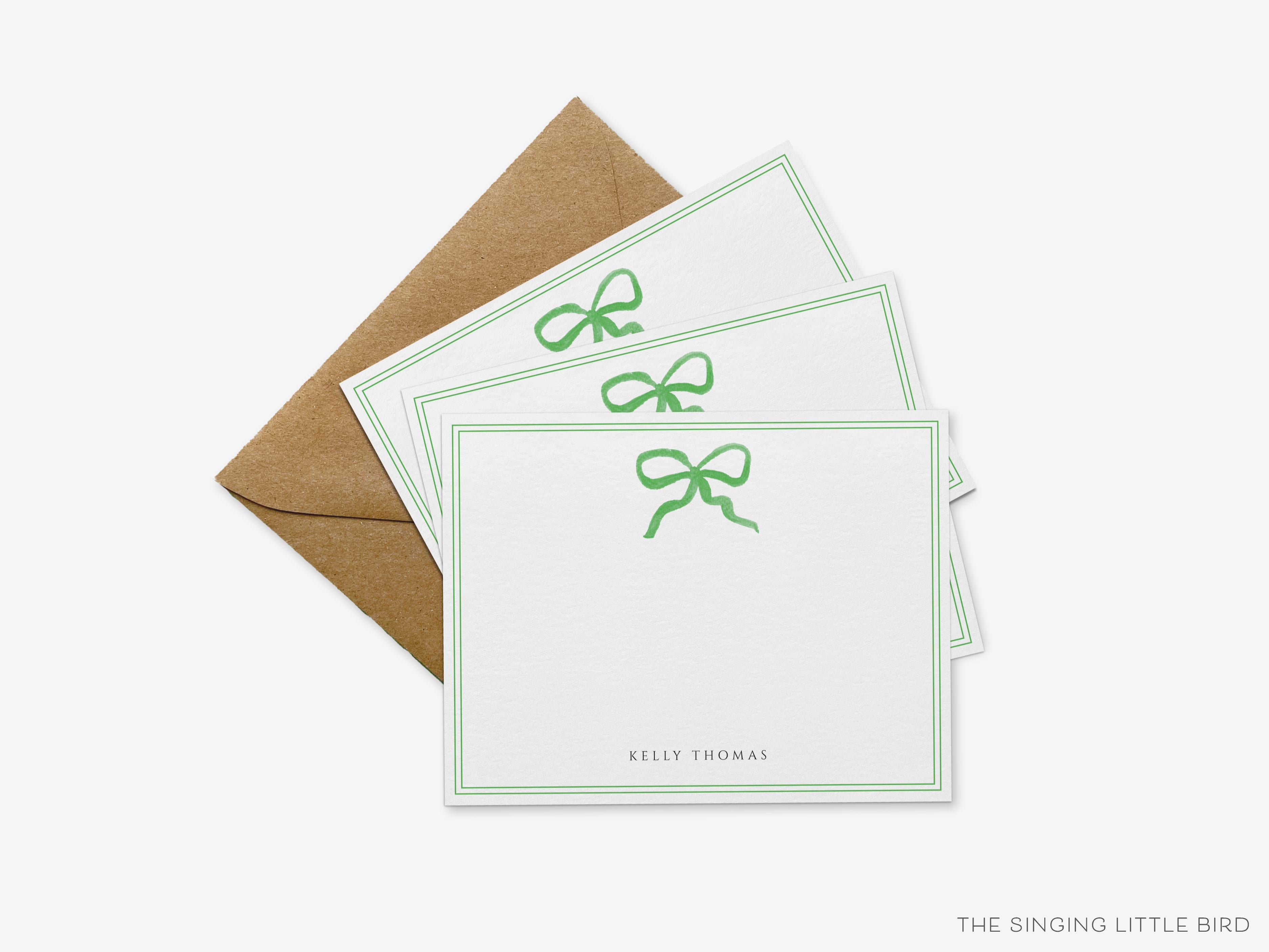 Personalized Green Bow Flat Notes-These personalized flat notecards are 4.25x5.5 and feature our hand-painted watercolor green bow, printed in the USA on 120lb textured stock. They come with your choice of envelopes and make great thank yous and gifts for the bow lover in your life.-The Singing Little Bird