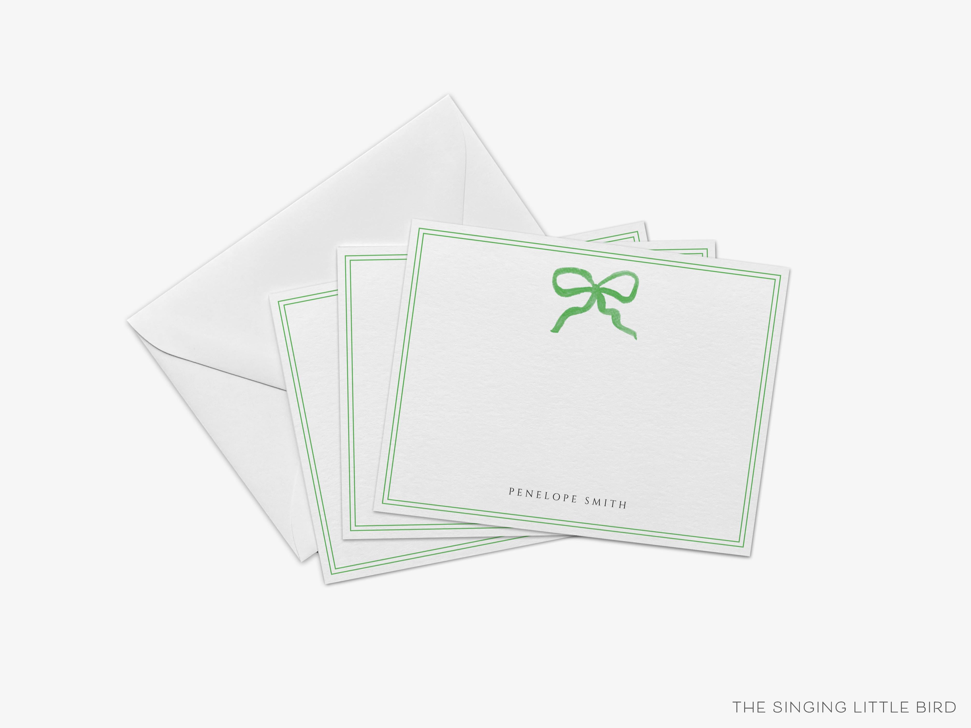 Personalized Green Bow Flat Notes-These personalized flat notecards are 4.25x5.5 and feature our hand-painted watercolor green bow, printed in the USA on 120lb textured stock. They come with your choice of envelopes and make great thank yous and gifts for the bow lover in your life.-The Singing Little Bird