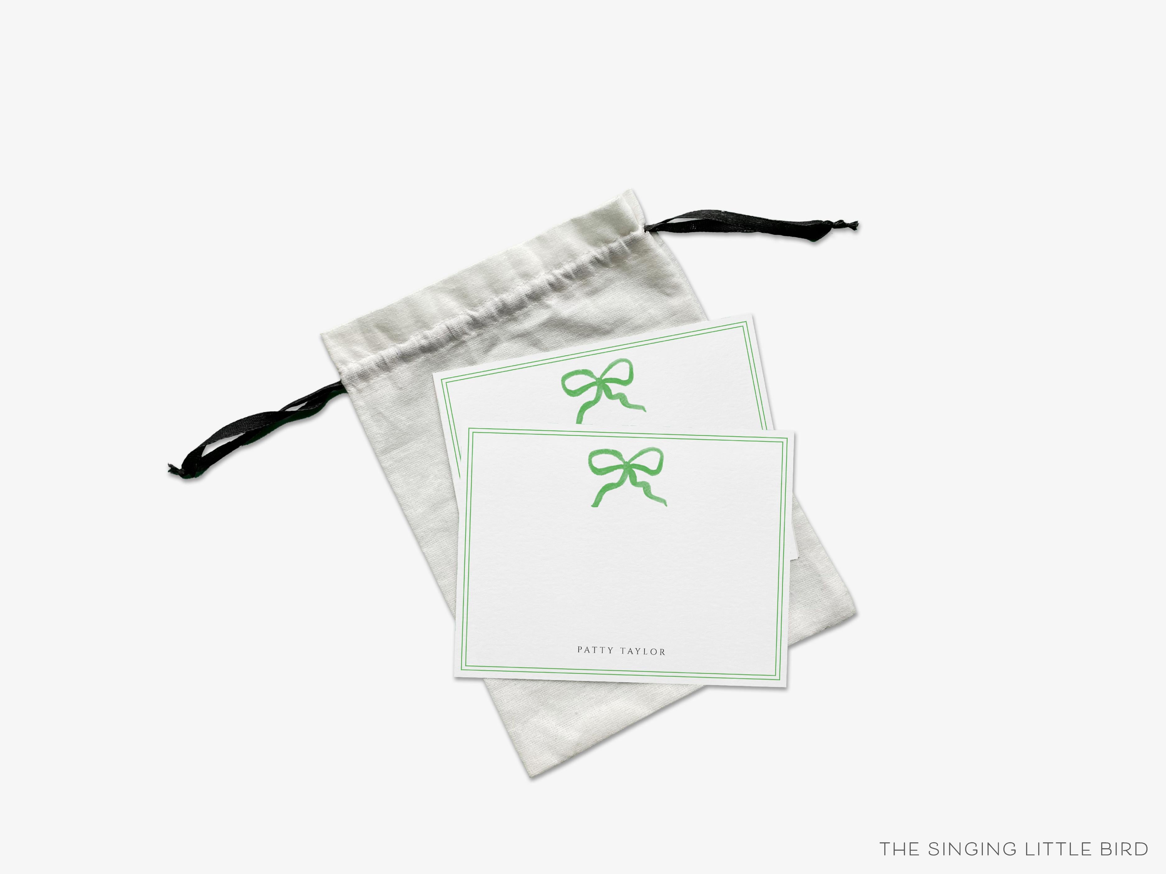 Personalized Green Bow Flat Notes-These personalized flat notecards are 4.25x5.5 and feature our hand-painted watercolor green bow, printed in the USA on 120lb textured stock. They come with your choice of envelopes and make great thank yous and gifts for the bow lover in your life.-The Singing Little Bird