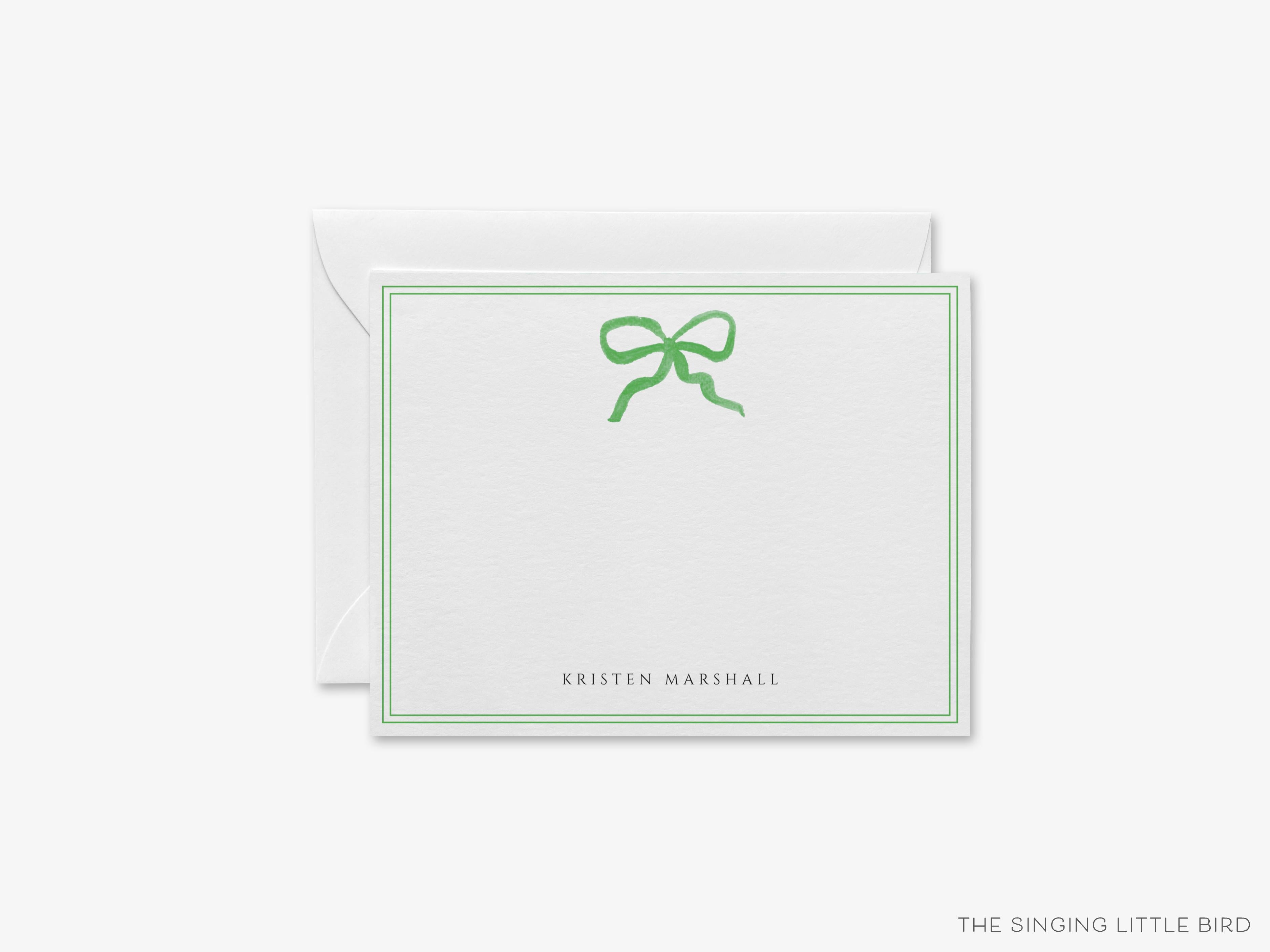 Personalized Green Bow Flat Notes-These personalized flat notecards are 4.25x5.5 and feature our hand-painted watercolor green bow, printed in the USA on 120lb textured stock. They come with your choice of envelopes and make great thank yous and gifts for the bow lover in your life.-The Singing Little Bird