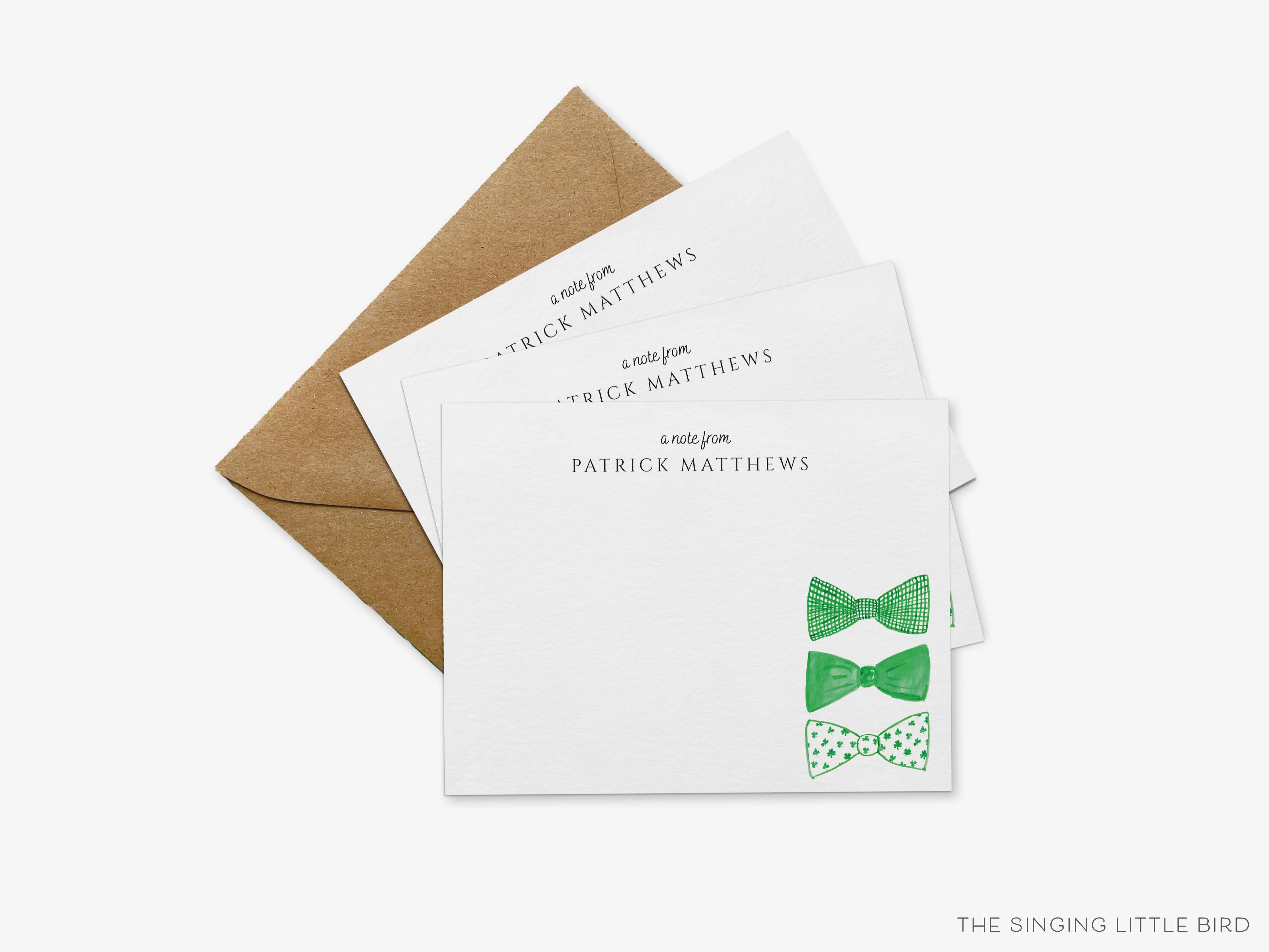 Personalized Green Bow Tie Flat Notes-These personalized flat notecards are 4.25x5.5 and feature our hand-painted watercolor green bow ties, printed in the USA on 120lb textured stock. They come with your choice of envelopes and make great thank yous and gifts for the bow tie lover in your life.-The Singing Little Bird