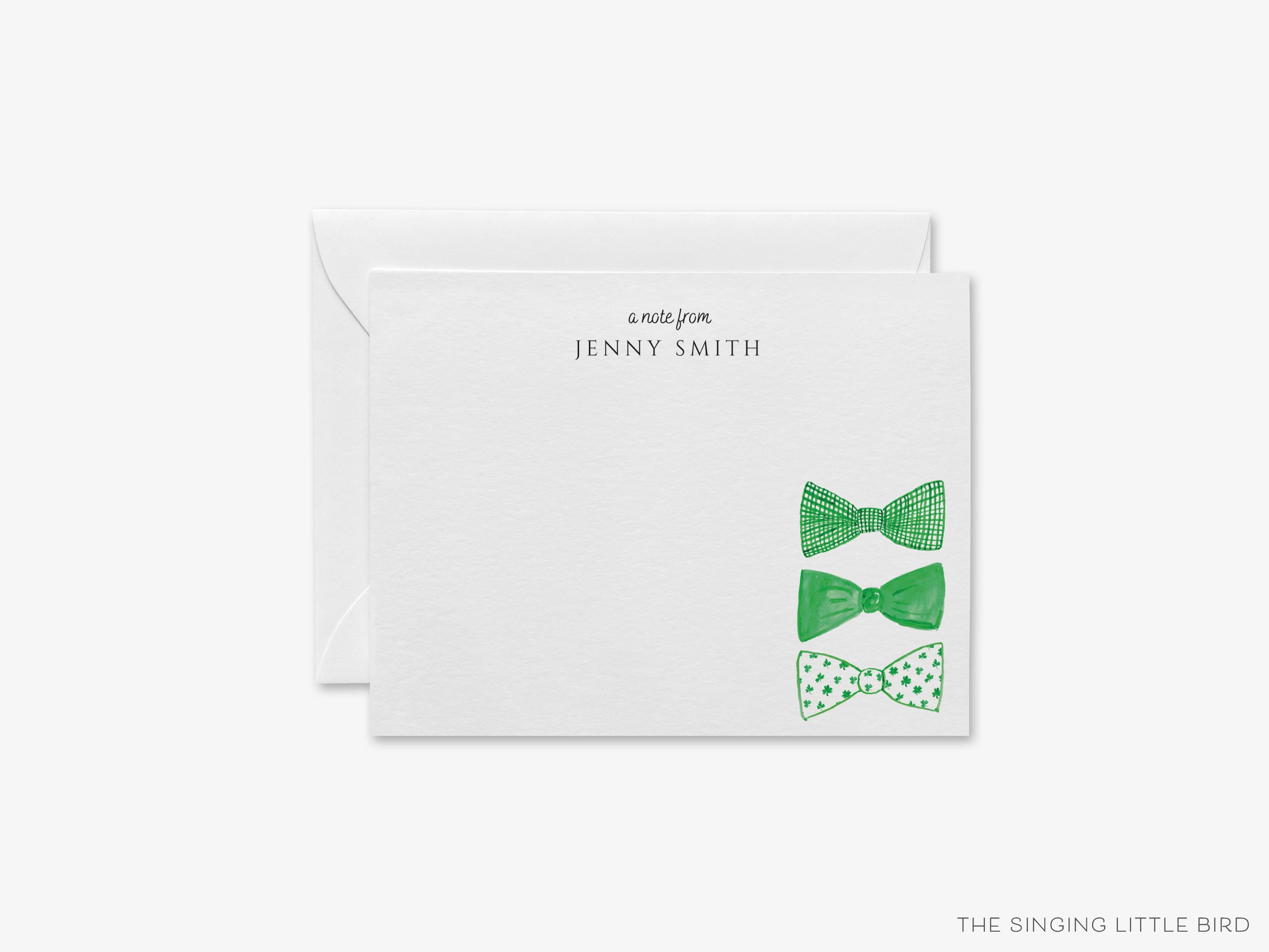 Personalized Green Bow Tie Flat Notes-These personalized flat notecards are 4.25x5.5 and feature our hand-painted watercolor green bow ties, printed in the USA on 120lb textured stock. They come with your choice of envelopes and make great thank yous and gifts for the bow tie lover in your life.-The Singing Little Bird