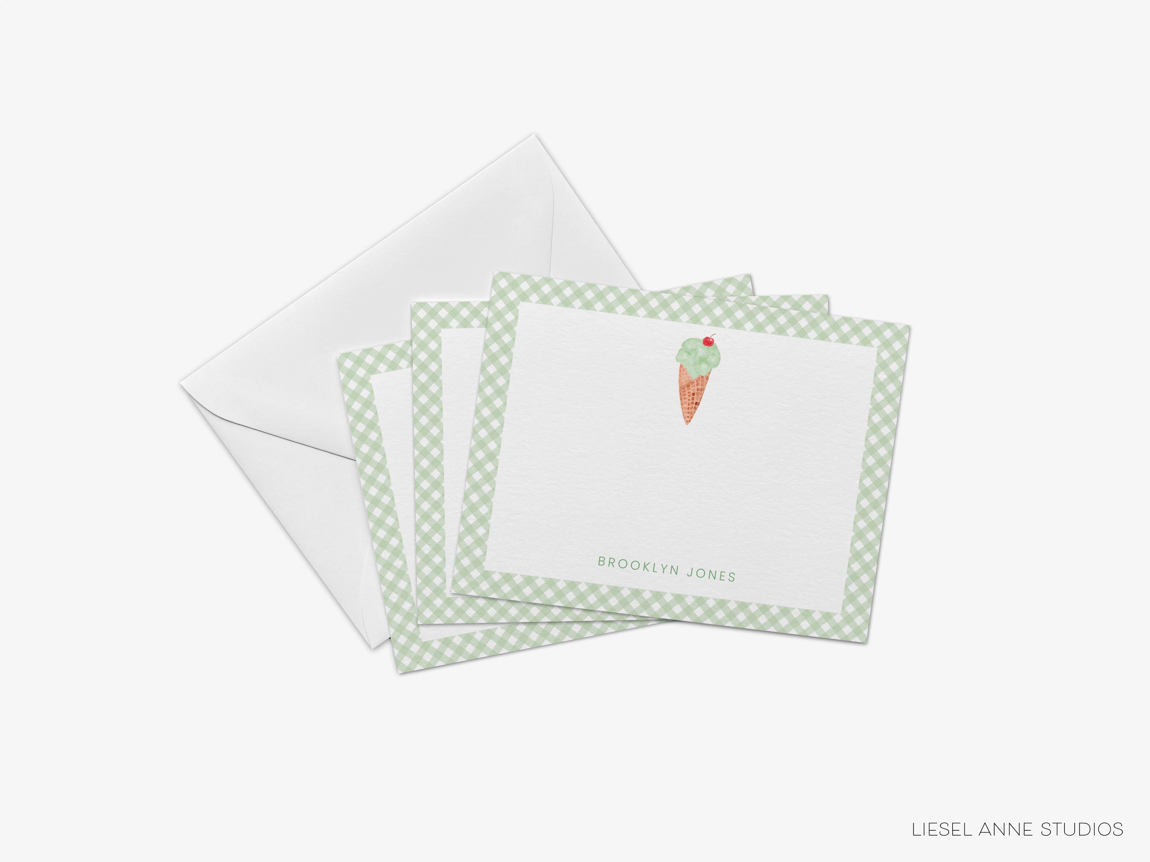 Personalized Green Ice Cream Cone Flat Notes-These personalized flat notecards are 4.25x5.5 and feature our hand-painted watercolor Green Ice Cream Cone, printed in the USA on 120lb textured stock. They come with your choice of envelopes and make great thank yous and gifts for the ice cream lover in your life.-The Singing Little Bird