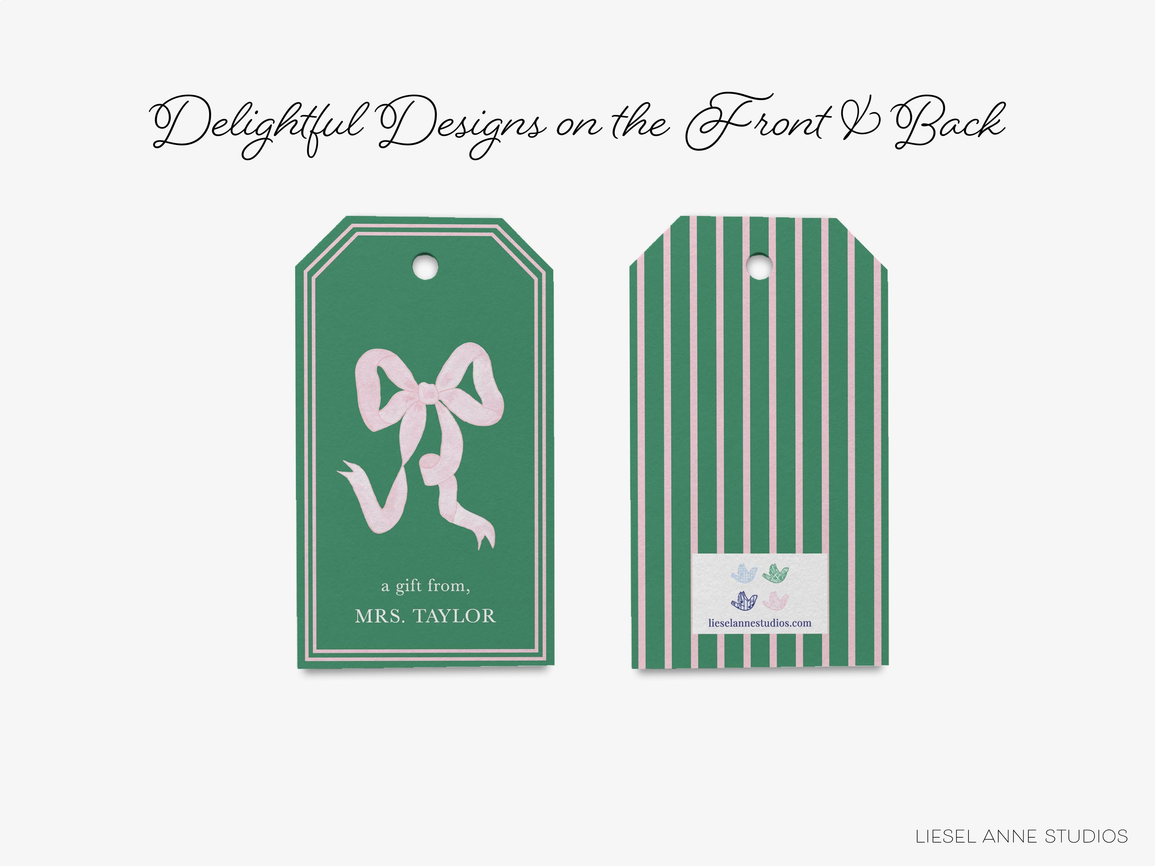 Personalized Green and Pink Bow Gift Tags-These gift tags come in sets, hole-punched with white twine and feature our hand-painted watercolor green bows with a light pink background, printed in the USA on 120lb textured stock. They make great tags for gifting or gifts for the bow lover in your life.-The Singing Little Bird